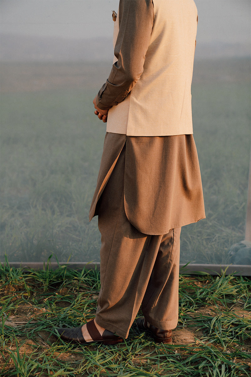 Beige Woollen Tailored Waistcoat Kurta Set (3-Piece) - Image 2