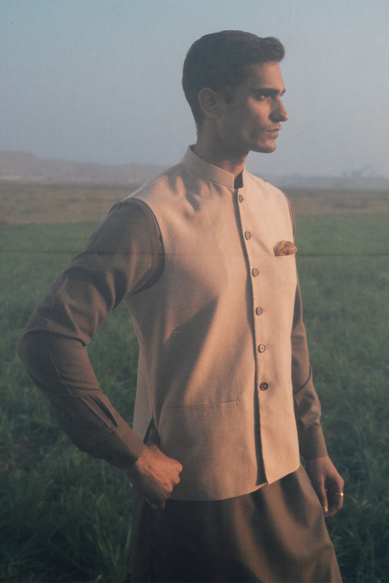 Beige Woollen Tailored Waistcoat Kurta Set (3-Piece) - Image 3