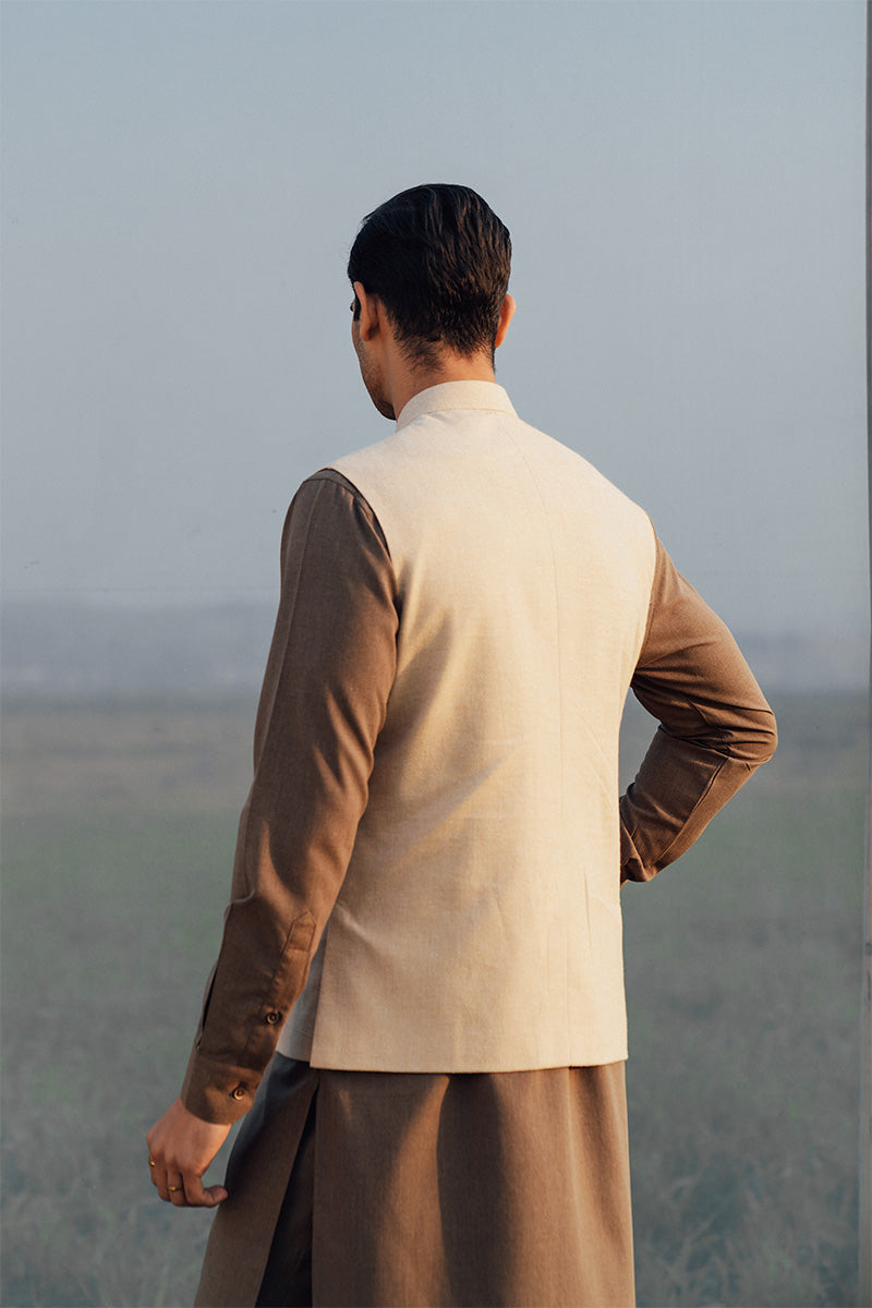 Beige Woollen Tailored Waistcoat Kurta Set (3-Piece) - Image 4