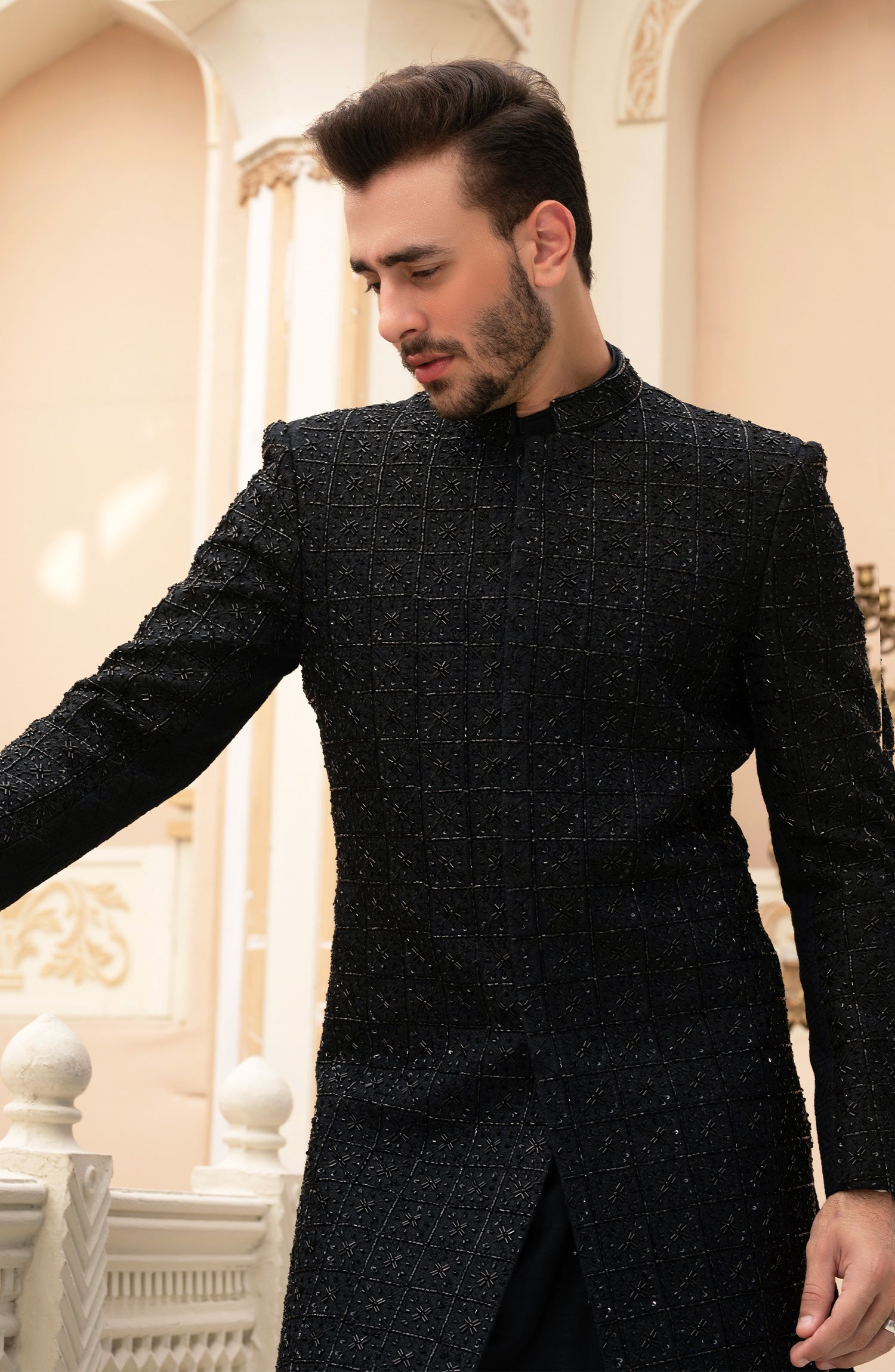 Black Adaa Stone Embossed Sherwani (3-Piece) - Image 3