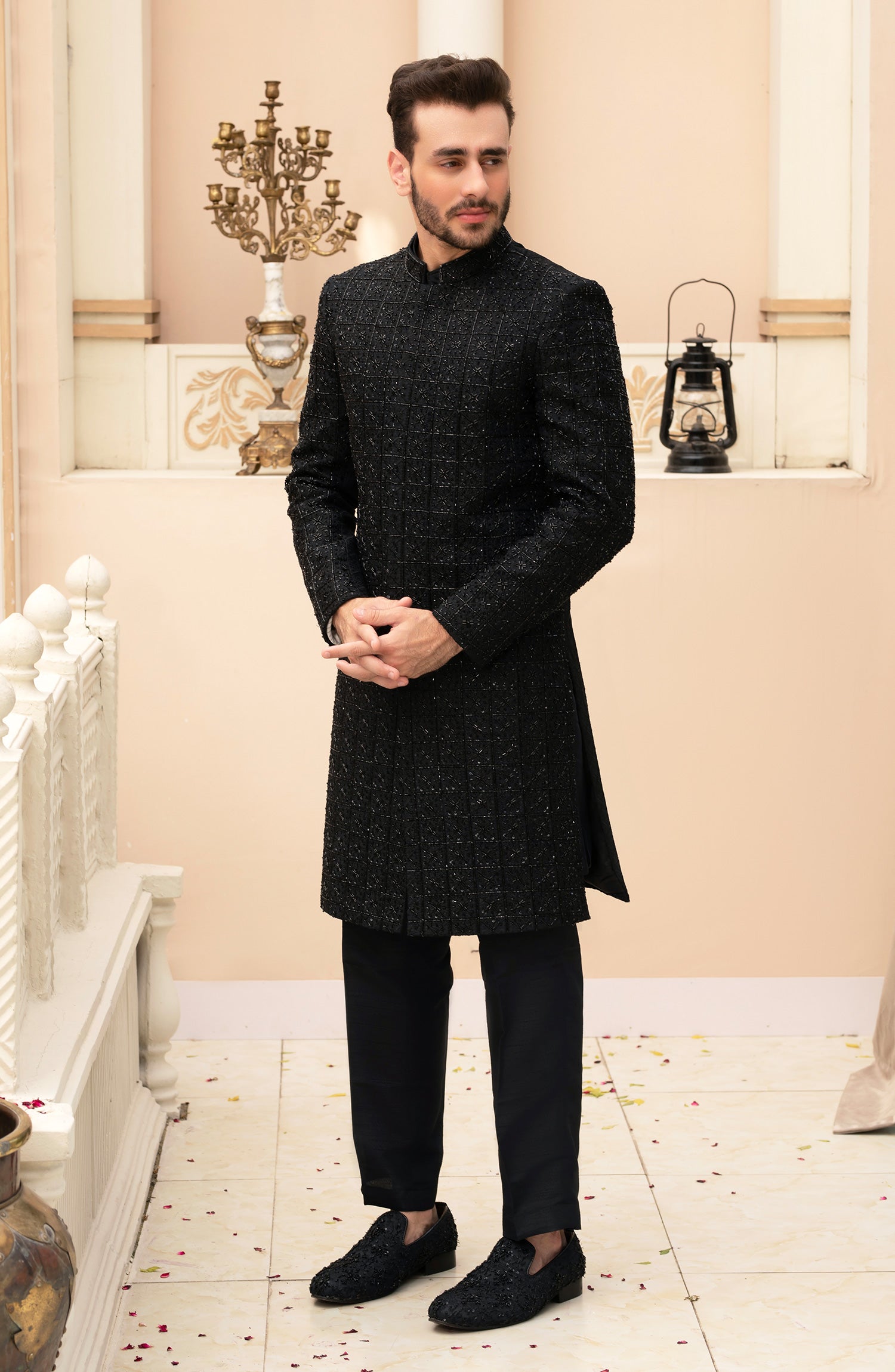 Black Adaa Stone Embossed Sherwani (3-Piece) - Image 4