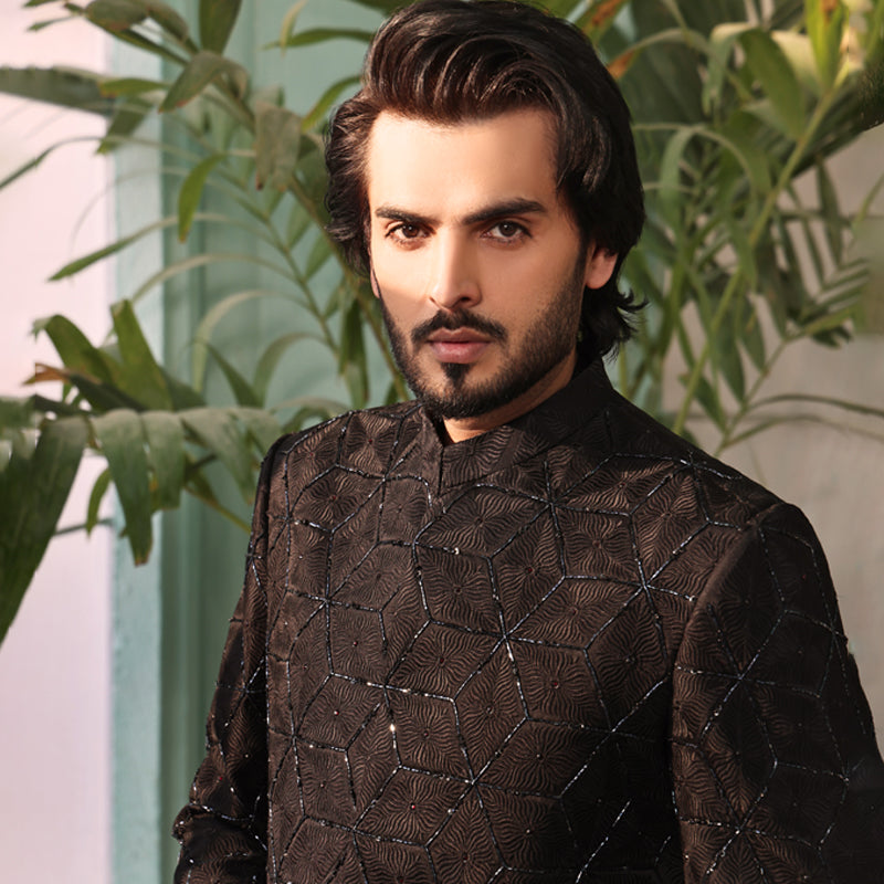 Black Geometric Embroidered Silk-Blend Sherwani (2-Piece) - Image 1