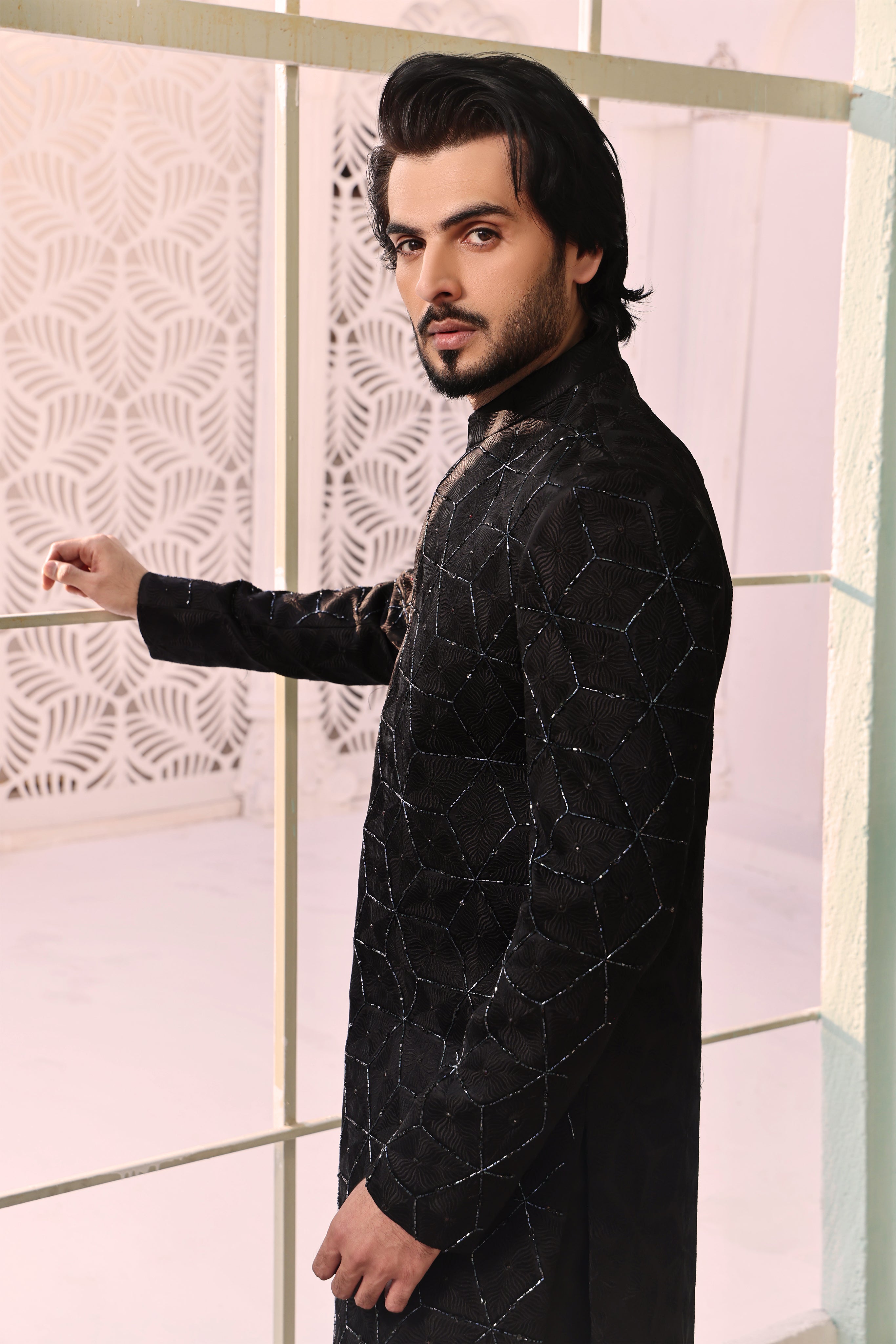 Black Geometric Embroidered Silk-Blend Sherwani (2-Piece) - Image 2