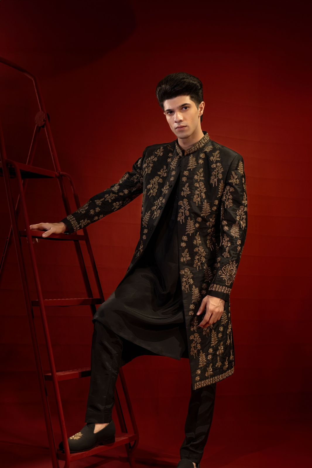 Black Copper Embroidered Silk Jamawar Sherwani (2-Piece) - Image 5