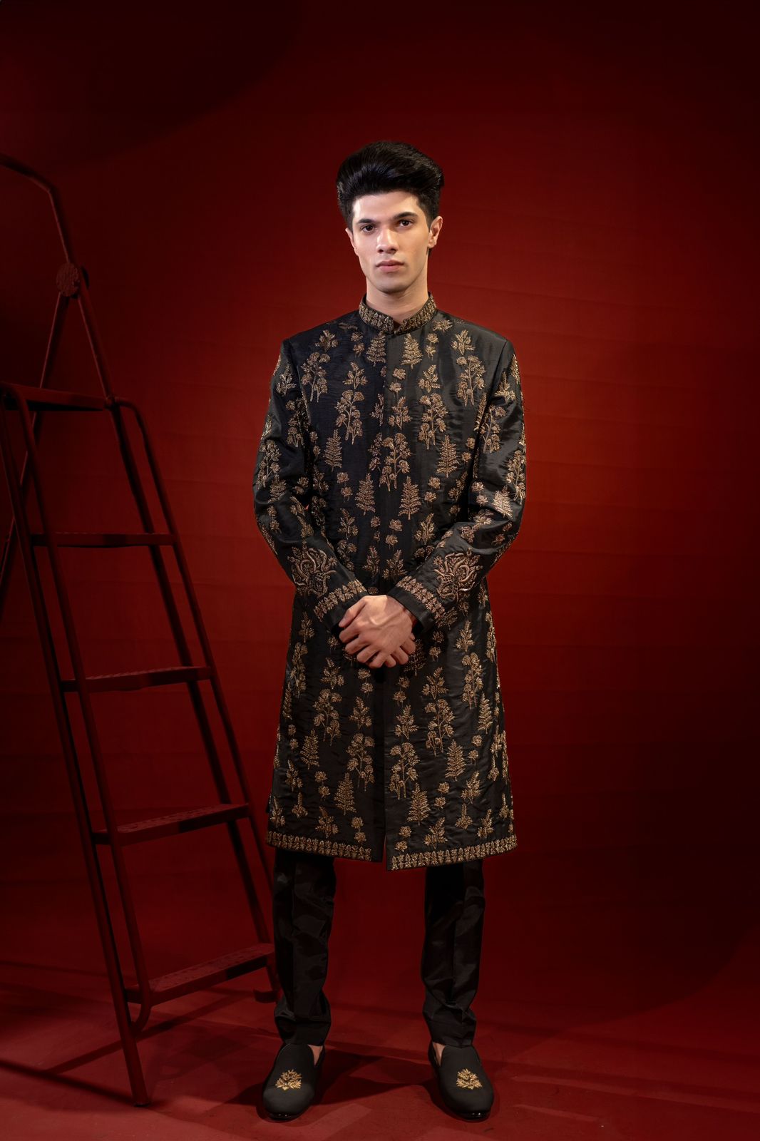 Black Copper Embroidered Silk Jamawar Sherwani (2-Piece) - Image 7