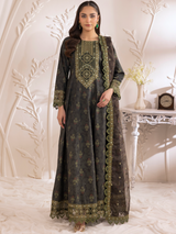 Deep Charcoal Embroidered Cotton Anarkali Dress (3-Piece) - Image 1