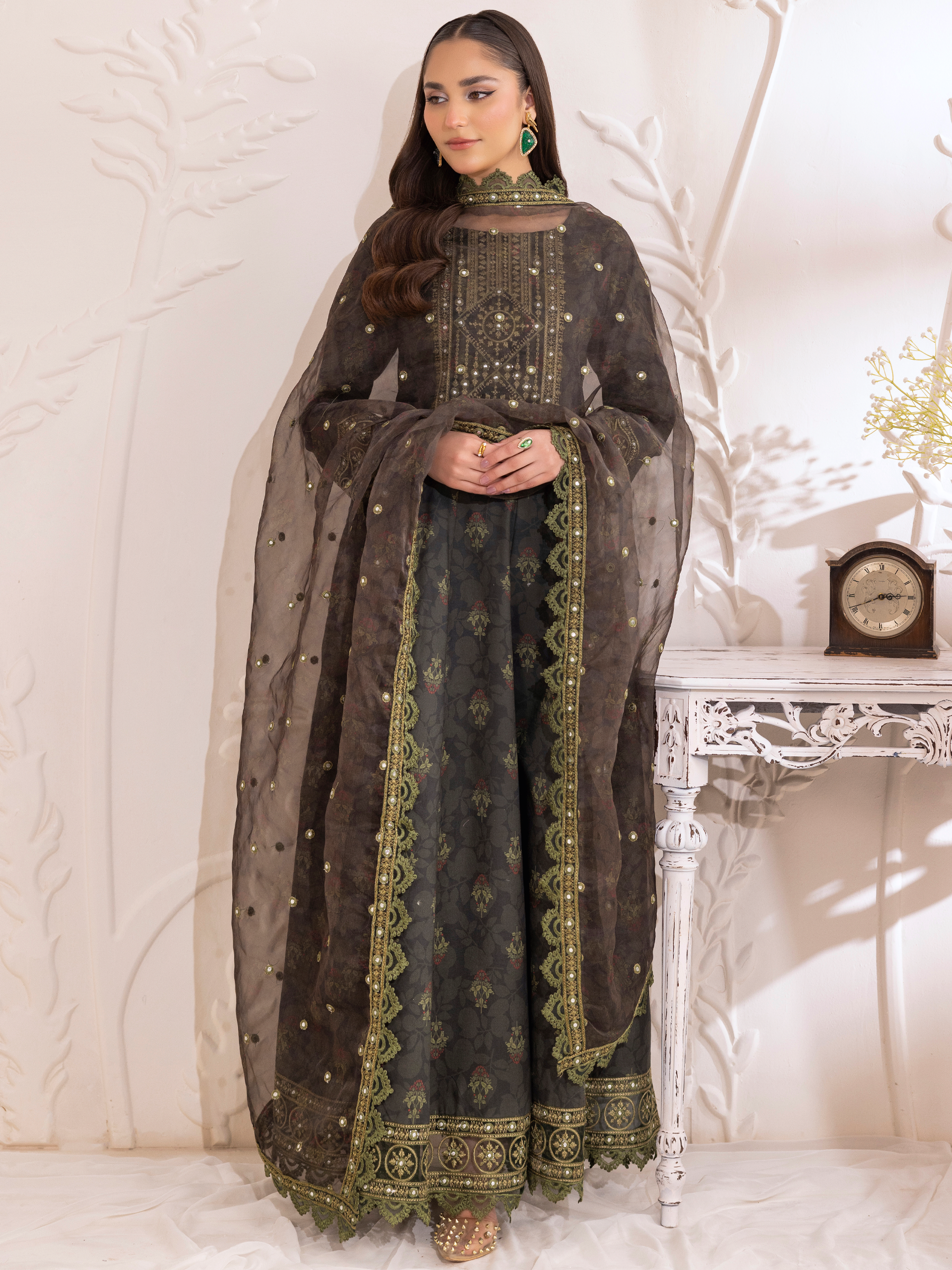 Deep Charcoal Embroidered Cotton Anarkali Dress (3-Piece) - Image 10