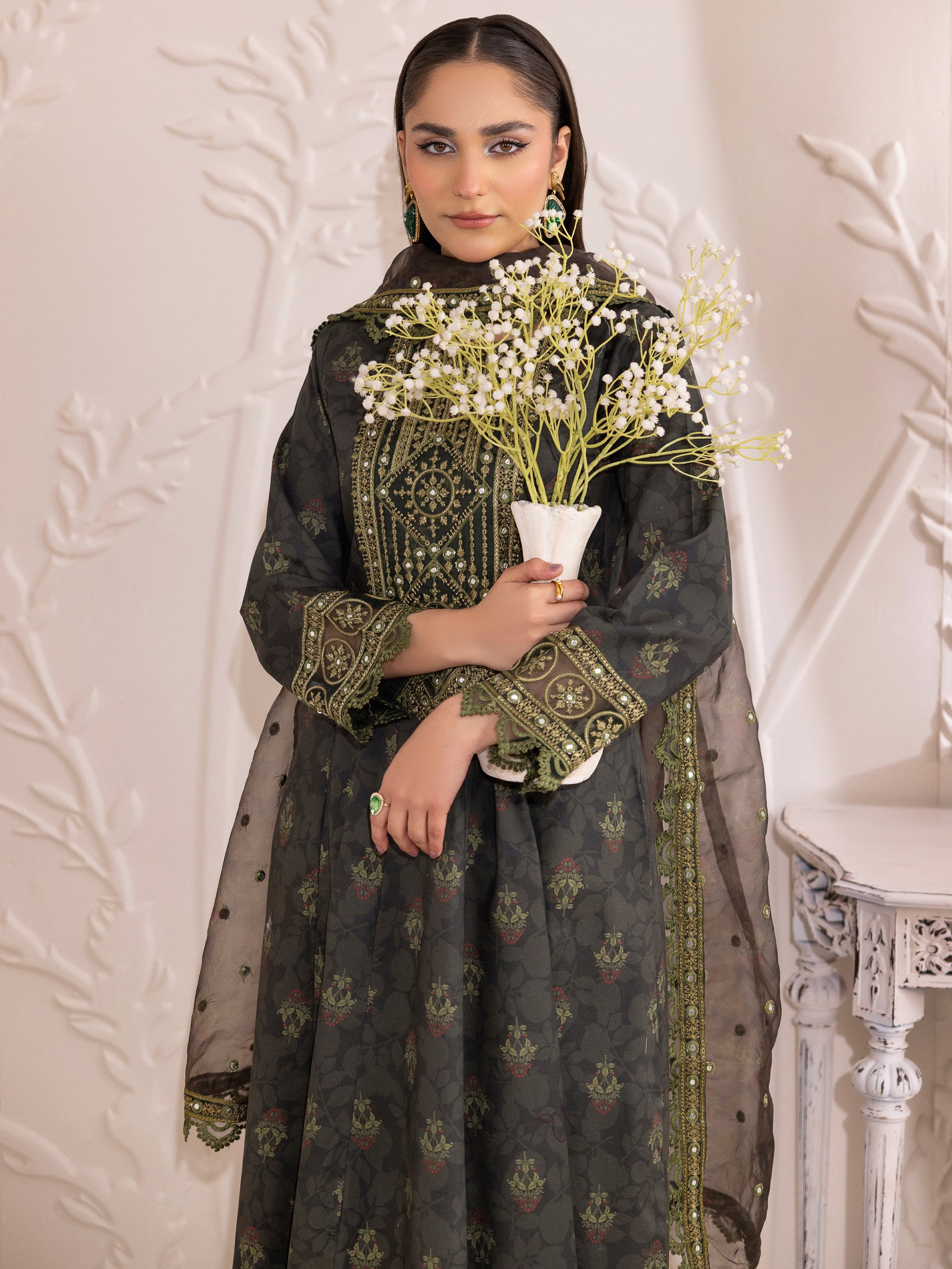 Deep Charcoal Embroidered Cotton Anarkali Dress (3-Piece) - Image 2