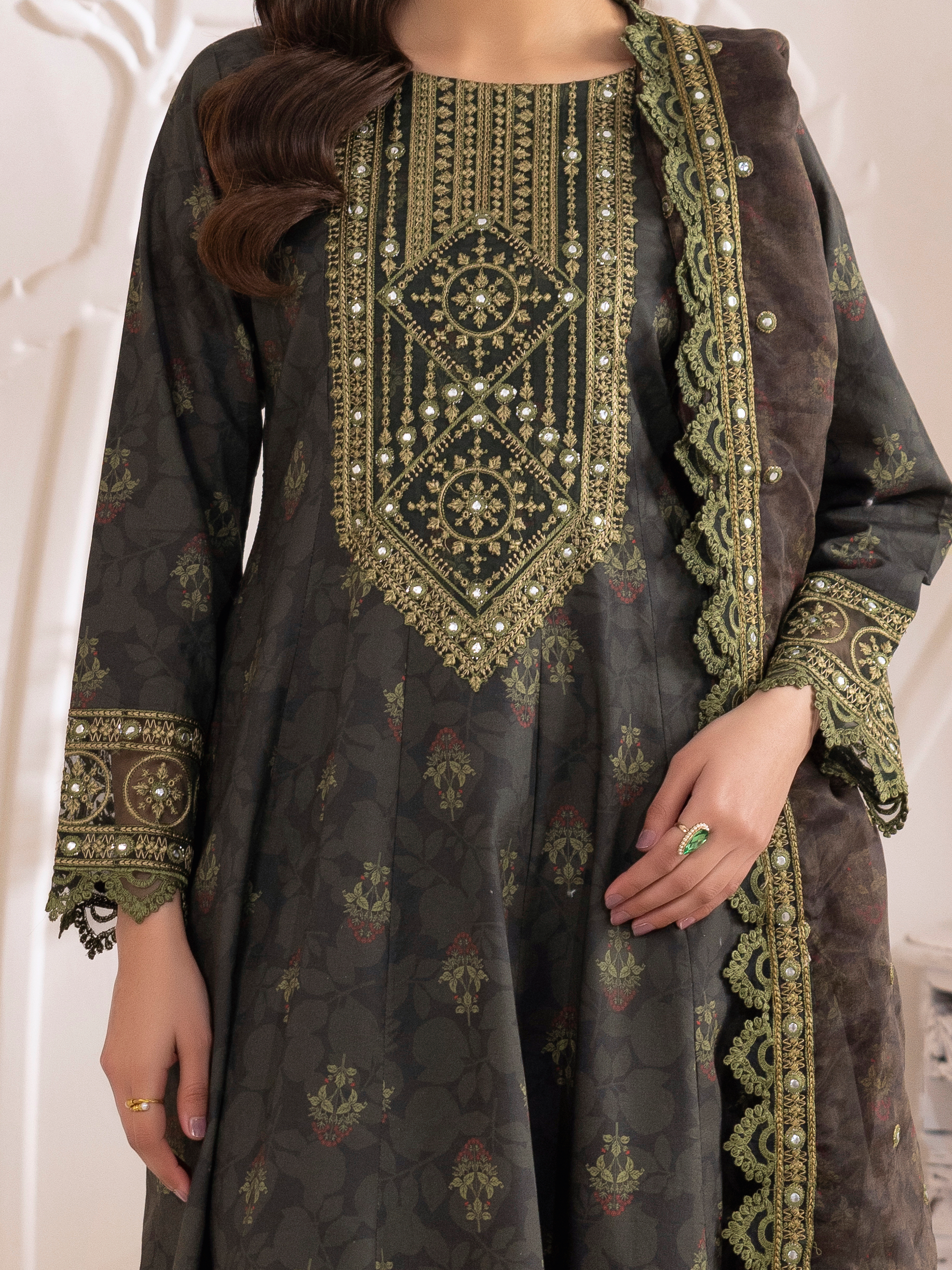 Deep Charcoal Embroidered Cotton Anarkali Dress (3-Piece) - Image 3