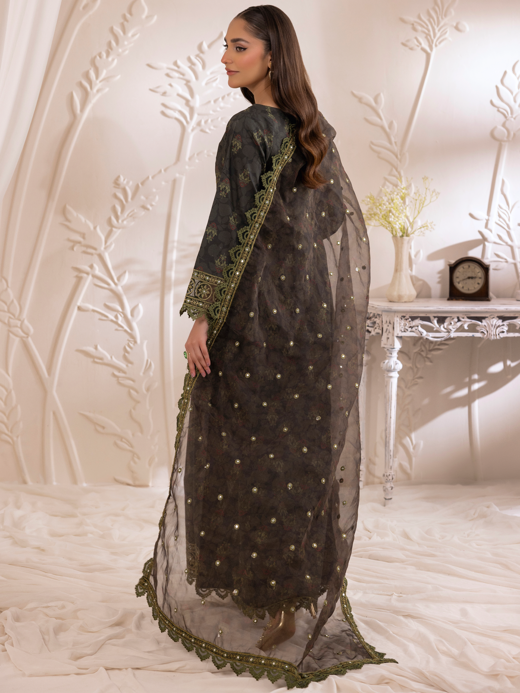 Deep Charcoal Embroidered Cotton Anarkali Dress (3-Piece) - Image 5