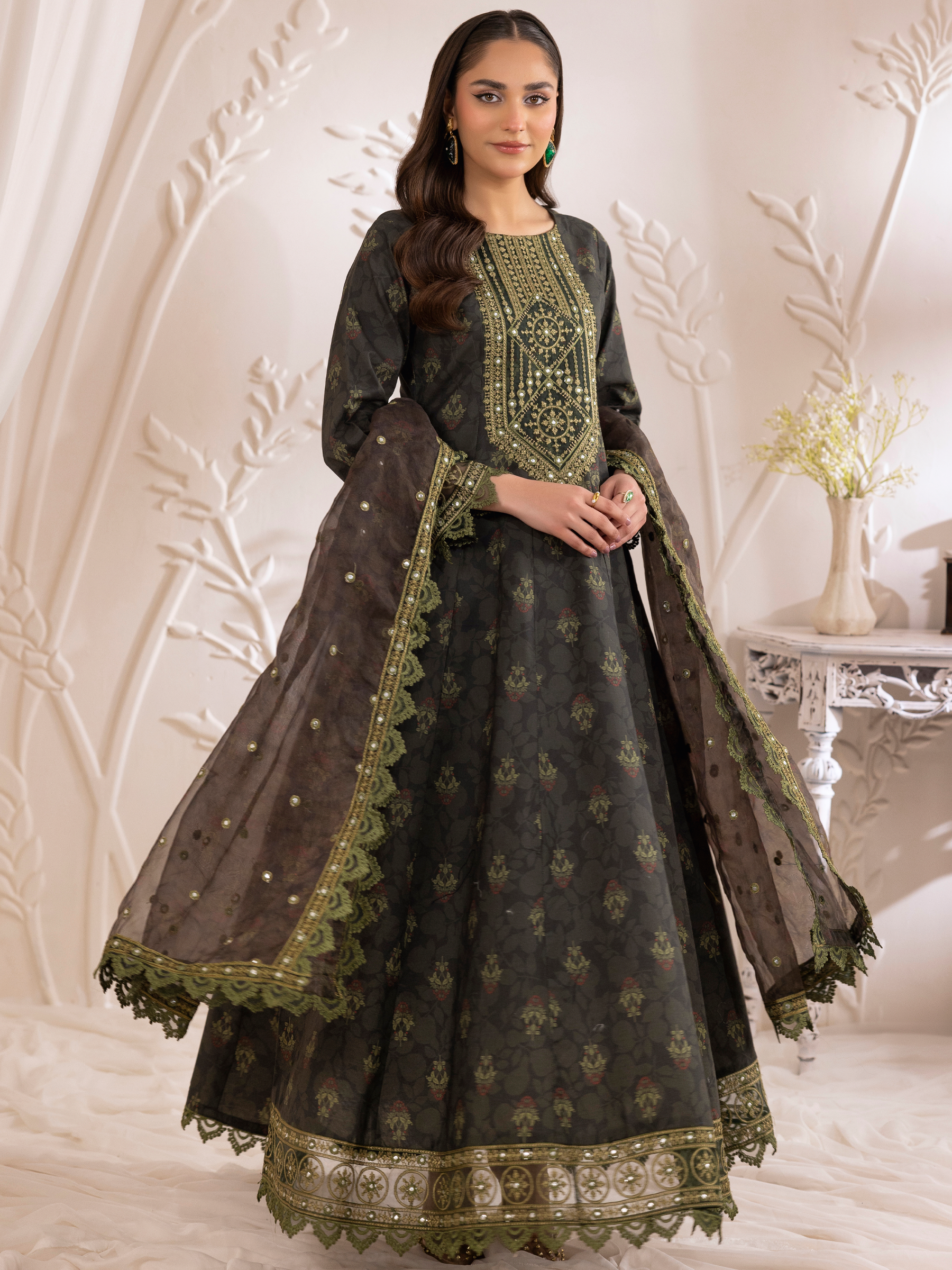 Deep Charcoal Embroidered Cotton Anarkali Dress (3-Piece) - Image 6