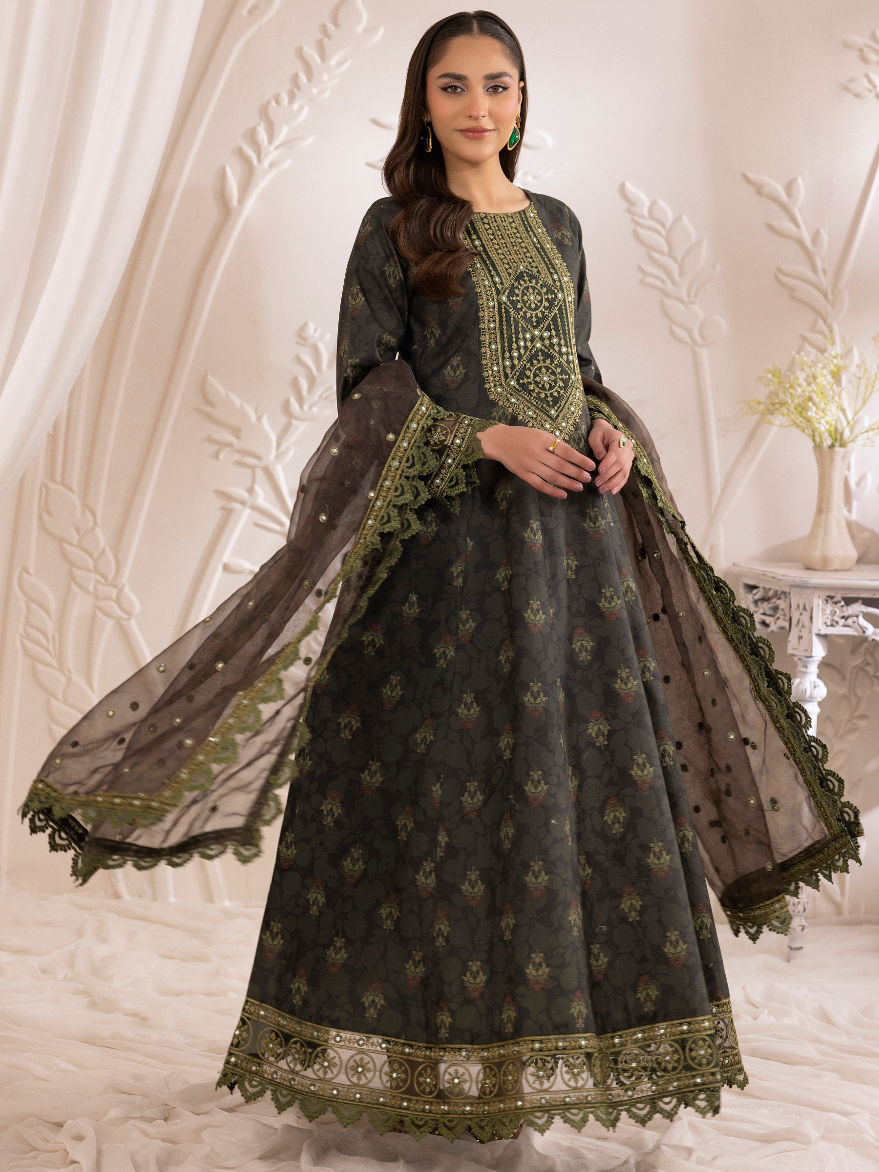 Deep Charcoal Embroidered Cotton Anarkali Dress (3-Piece) - Image 7