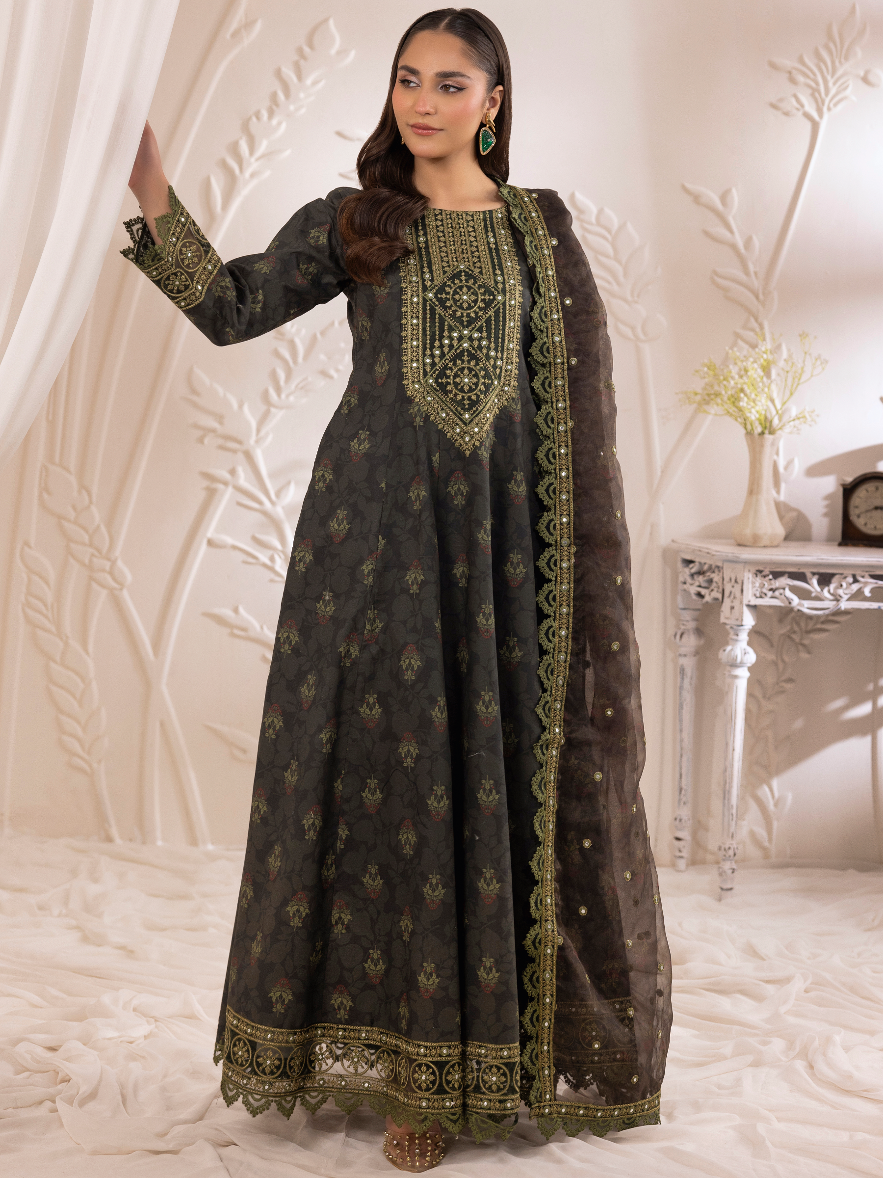 Deep Charcoal Embroidered Cotton Anarkali Dress (3-Piece) - Image 8