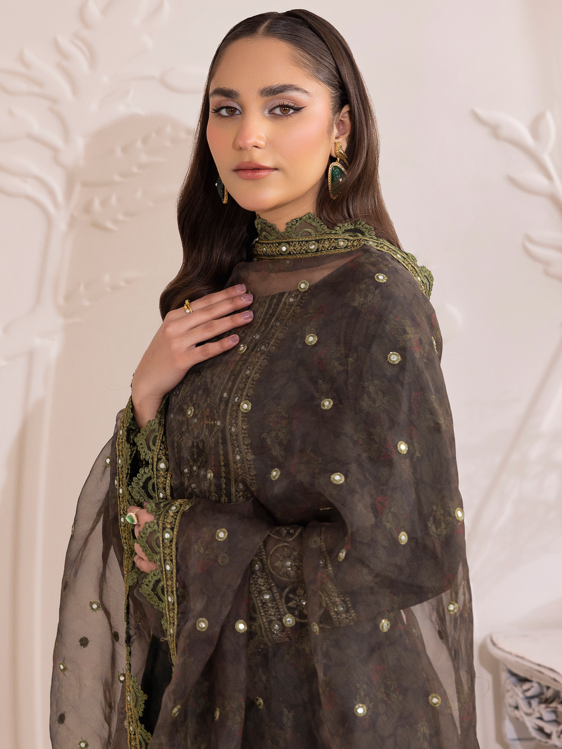 Deep Charcoal Embroidered Cotton Anarkali Dress (3-Piece) - Image 9