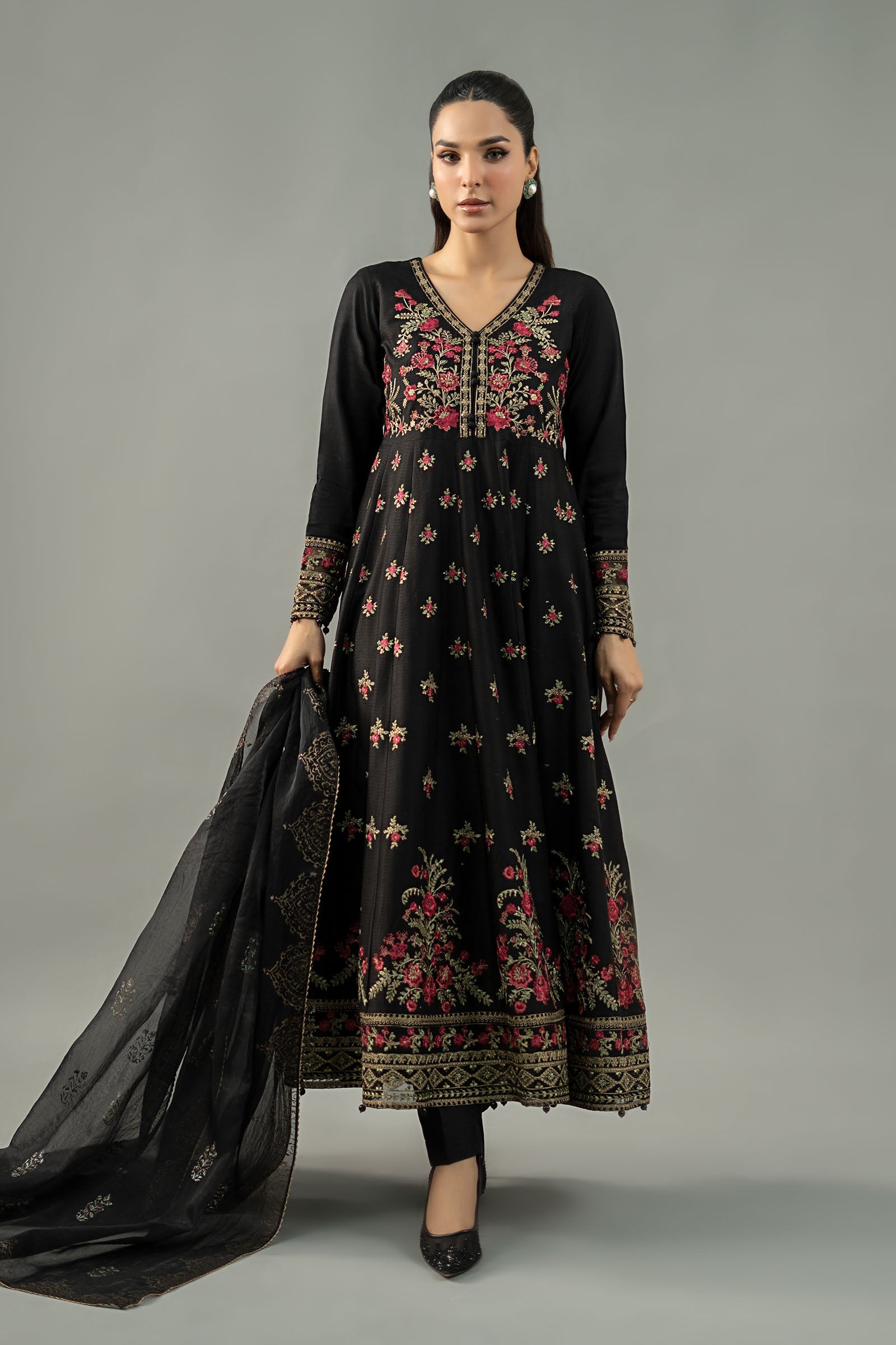 Black Embroidered Dobby Lawn Anarkali Dress (3-Piece) - Image 1