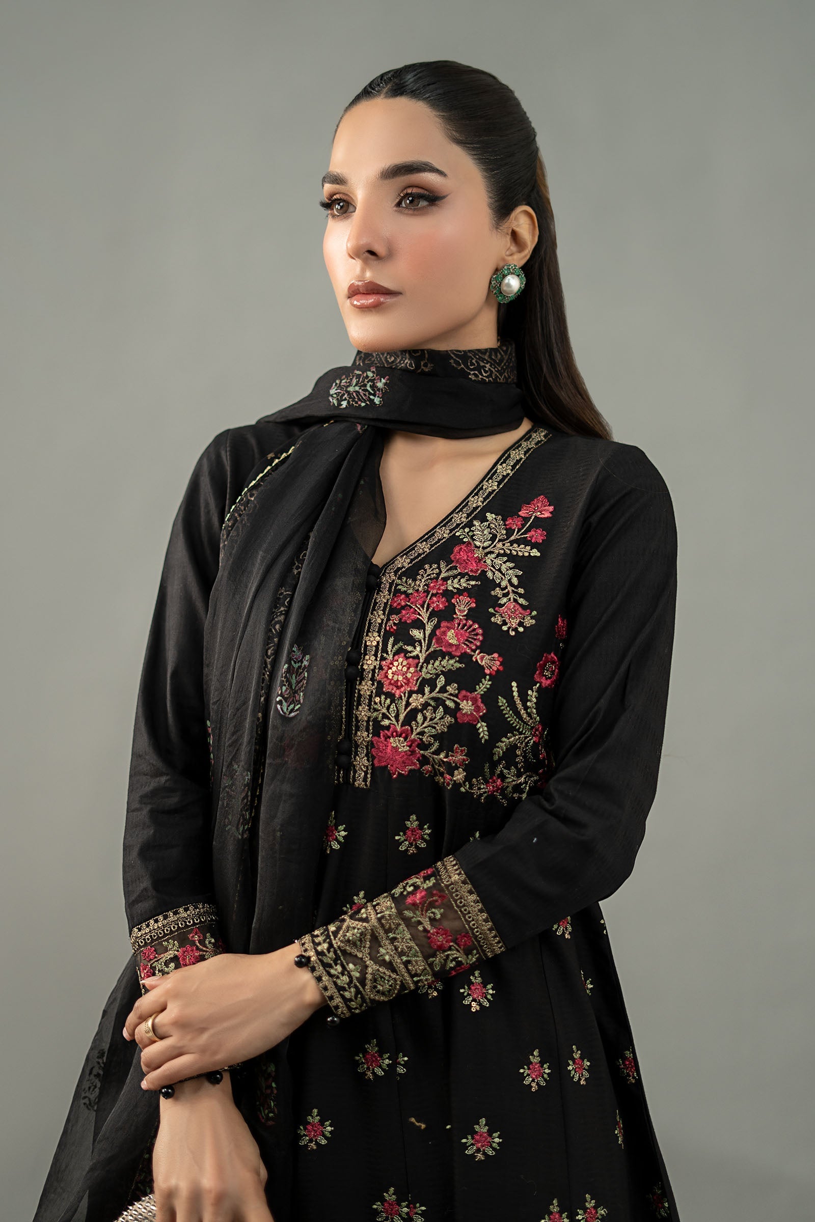 Black Embroidered Dobby Lawn Anarkali Dress (3-Piece) - Image 2