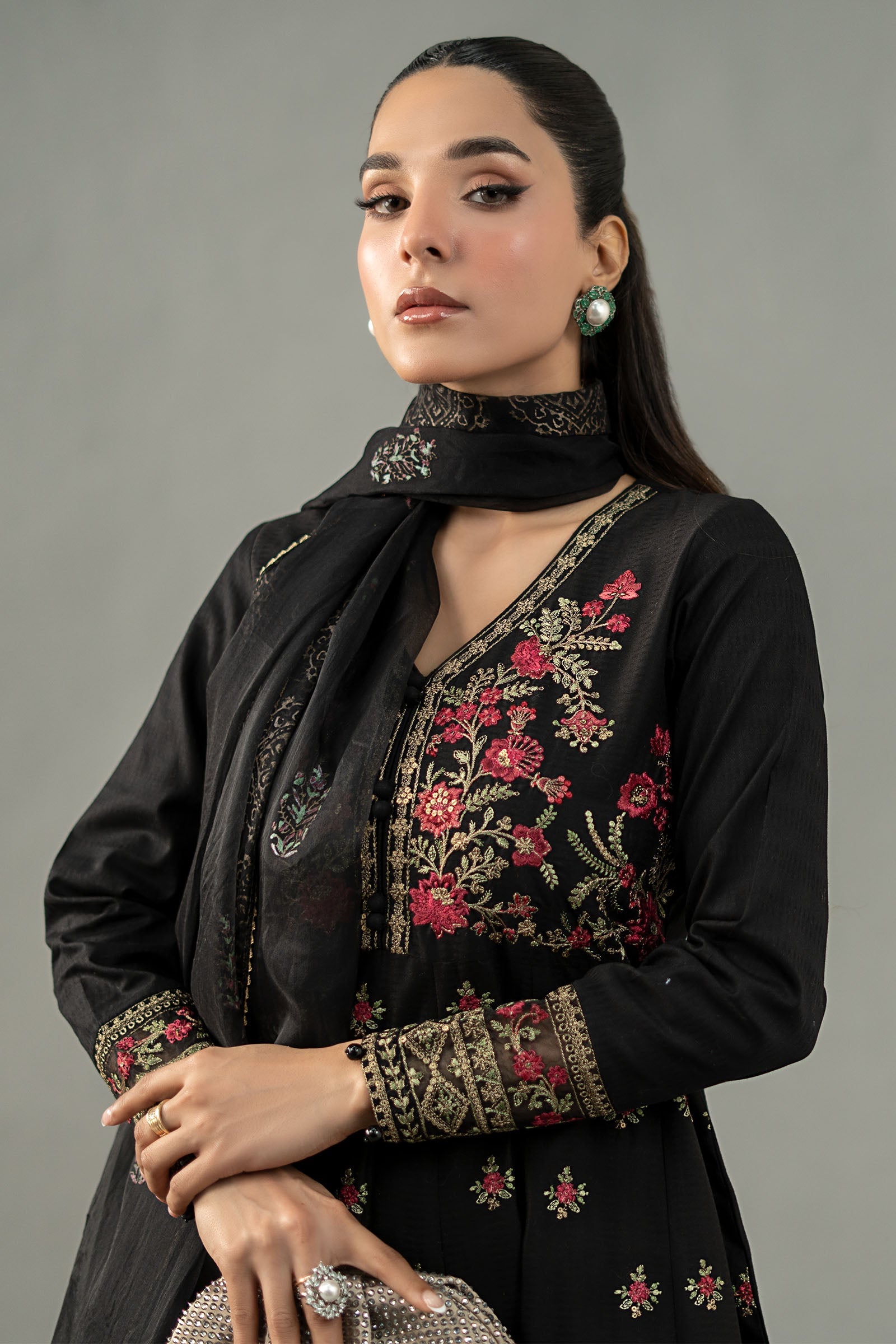 Black Embroidered Dobby Lawn Anarkali Dress (3-Piece) - Image 3