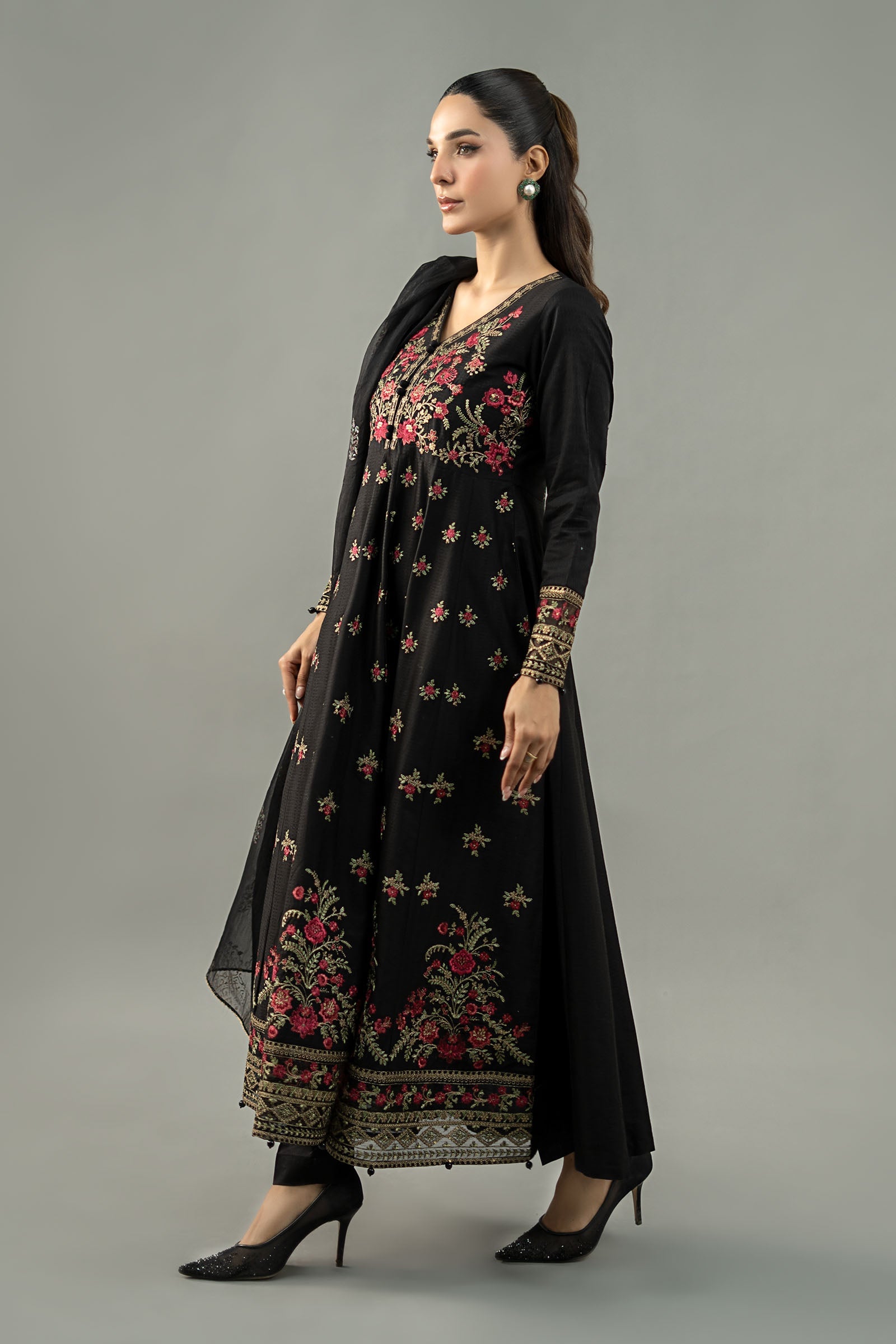 Black Embroidered Dobby Lawn Anarkali Dress (3-Piece) - Image 4