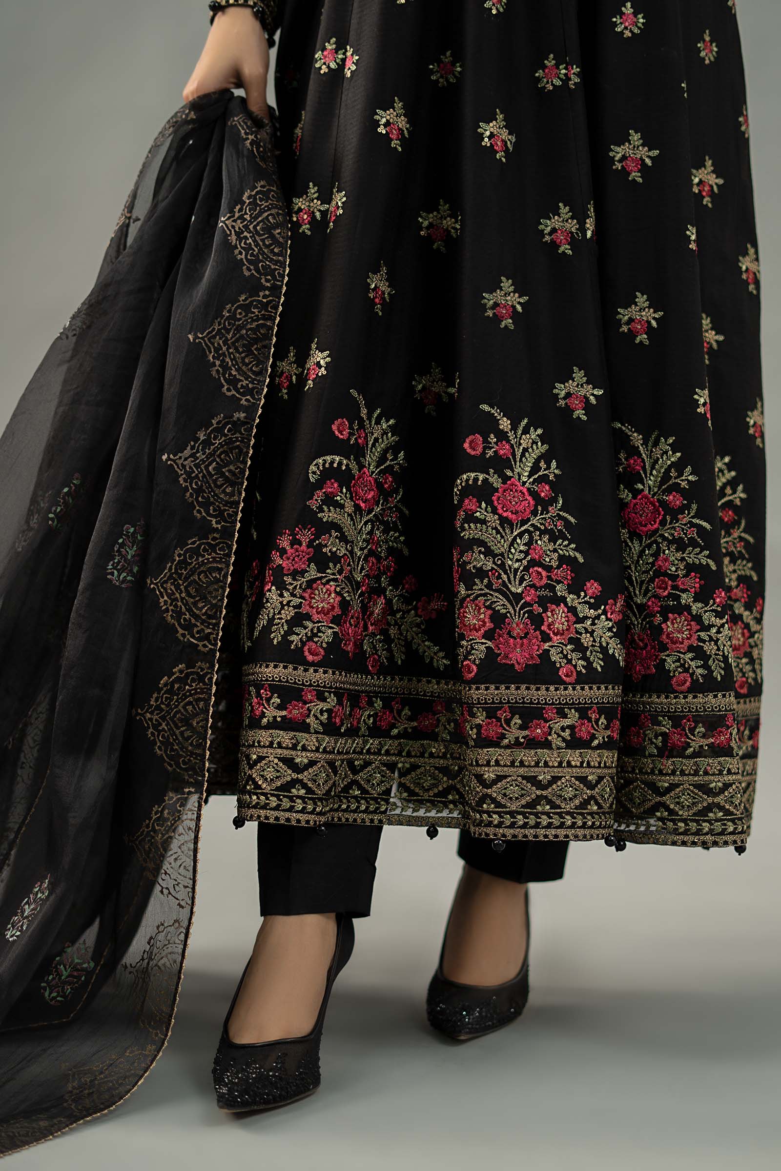 Black Embroidered Dobby Lawn Anarkali Dress (3-Piece) - Image 5