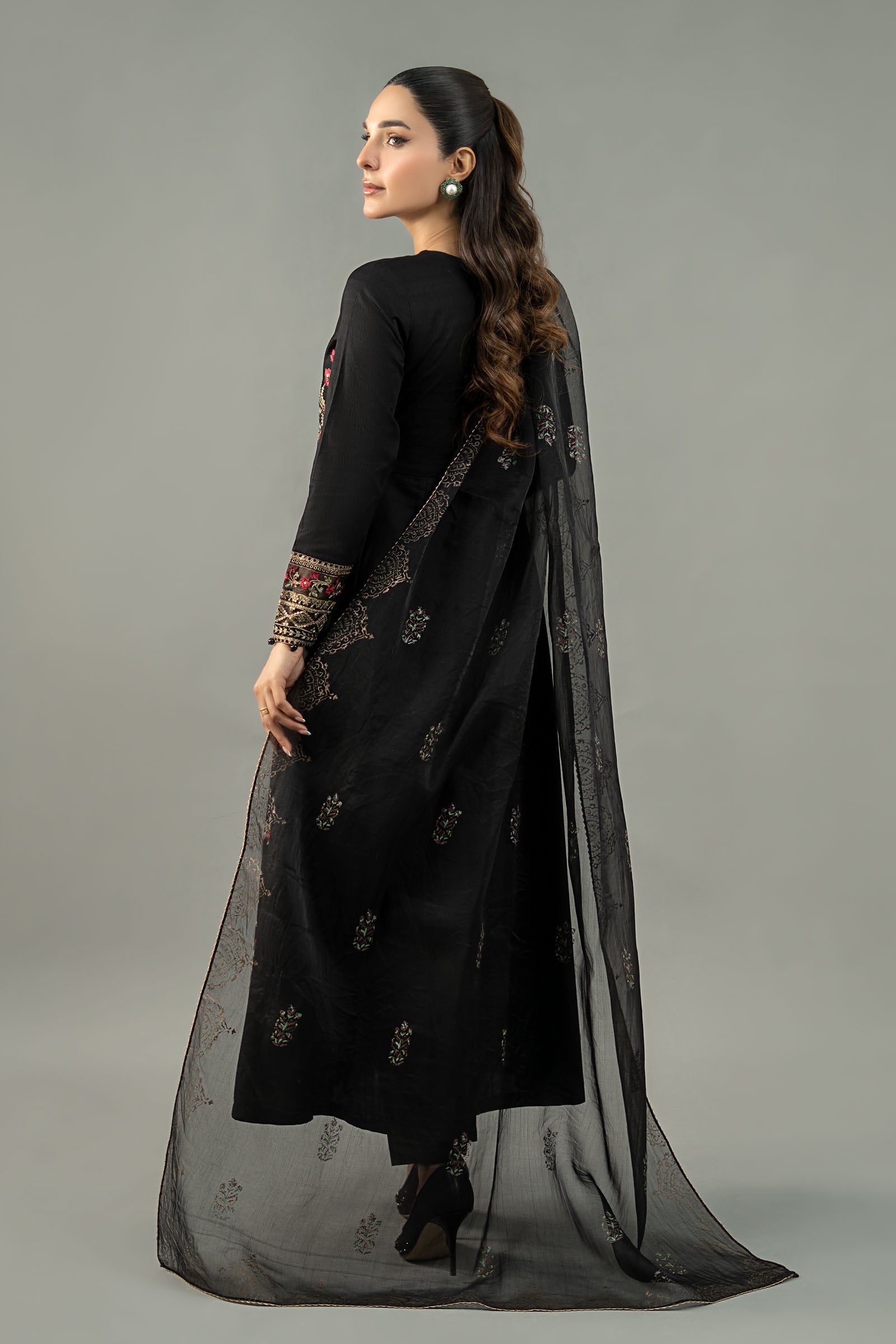Black Embroidered Dobby Lawn Anarkali Dress (3-Piece) - Image 7