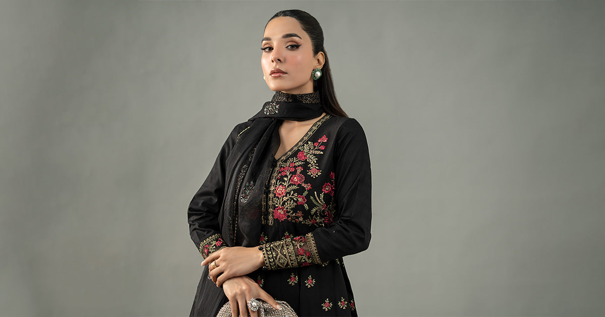 Black Embroidered Dobby Lawn Anarkali Dress (3-Piece) - Image 8