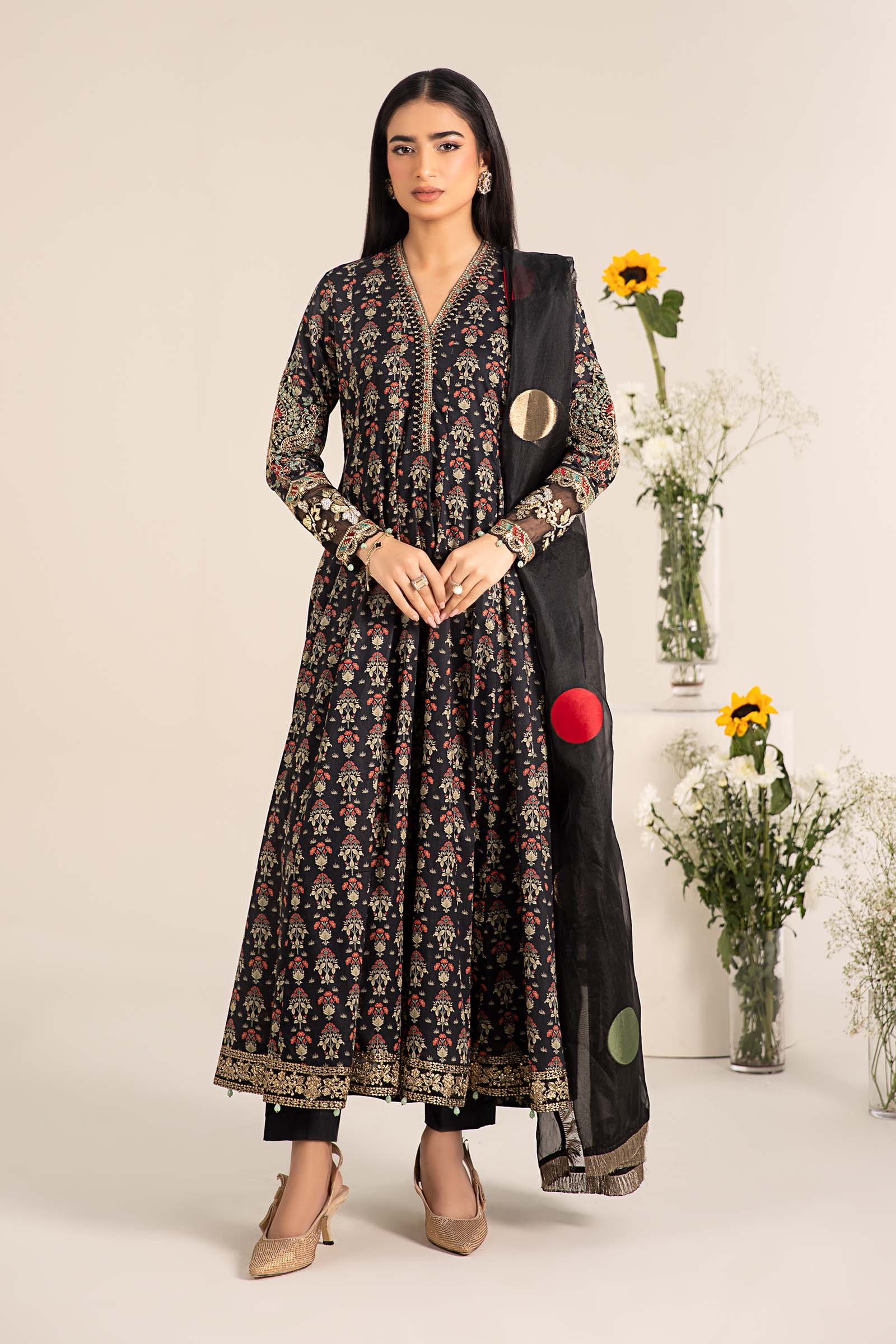 Black Embroidered Lawn Anarkali Dress (3-Piece) - Image 1