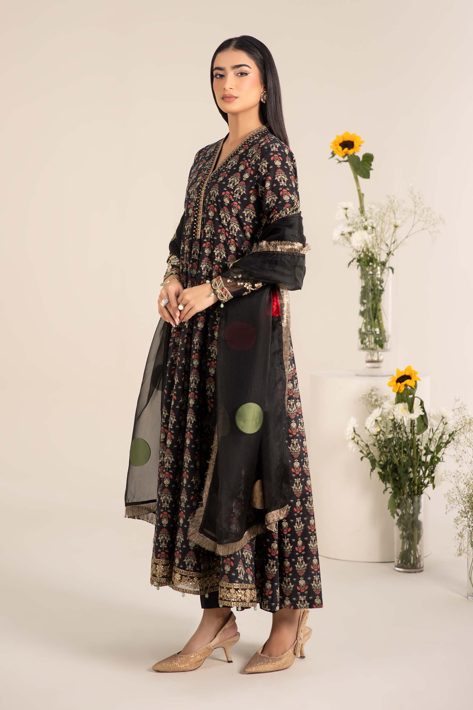 Black Embroidered Lawn Anarkali Dress (3-Piece) - Image 4