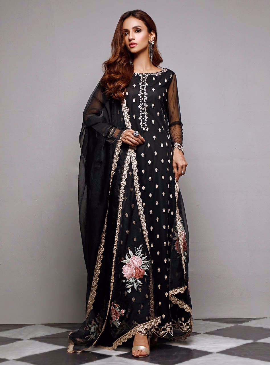 Pakistani Black Embroidered Net Anarkali Dress (3-Piece) - Image 1