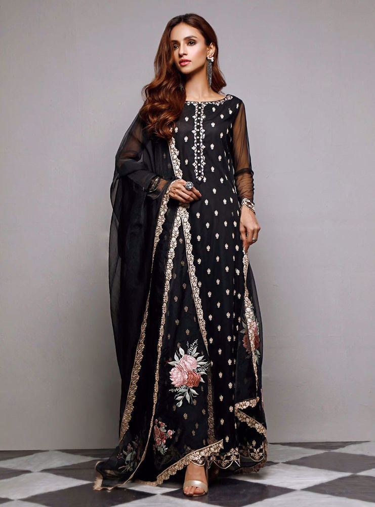 Pakistani Black Embroidered Net Anarkali Dress (3-Piece) - Image 2