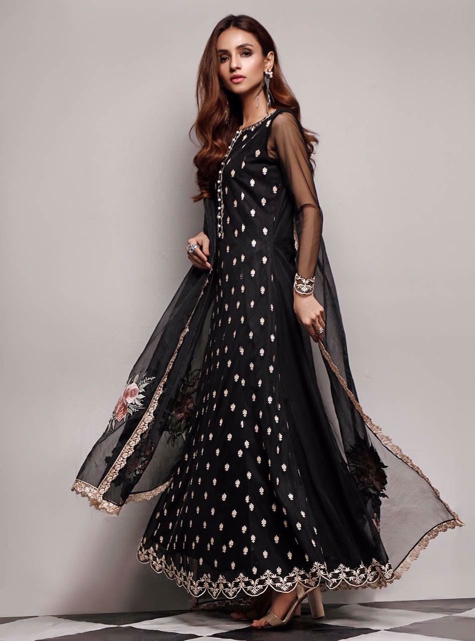 Pakistani Black Embroidered Net Anarkali Dress (3-Piece) - Image 3