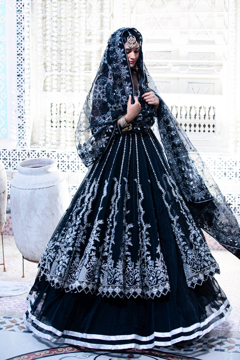 Midnight Black Embroidered Organza Anarkali (2-Piece) - Image 1