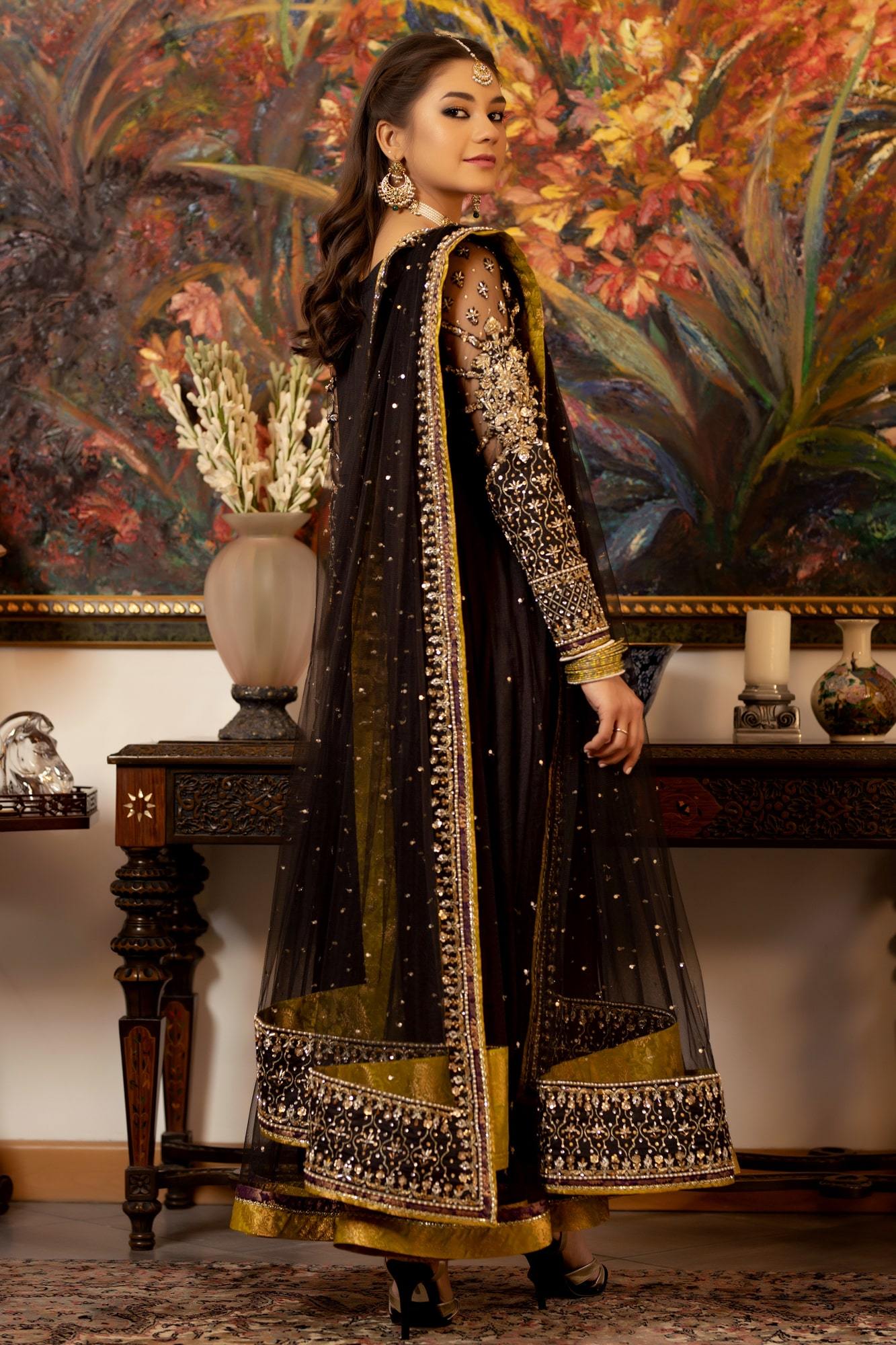 Pakistani Black Kora Dabka Net Anarkali Dress (3-Piece) - Image 4