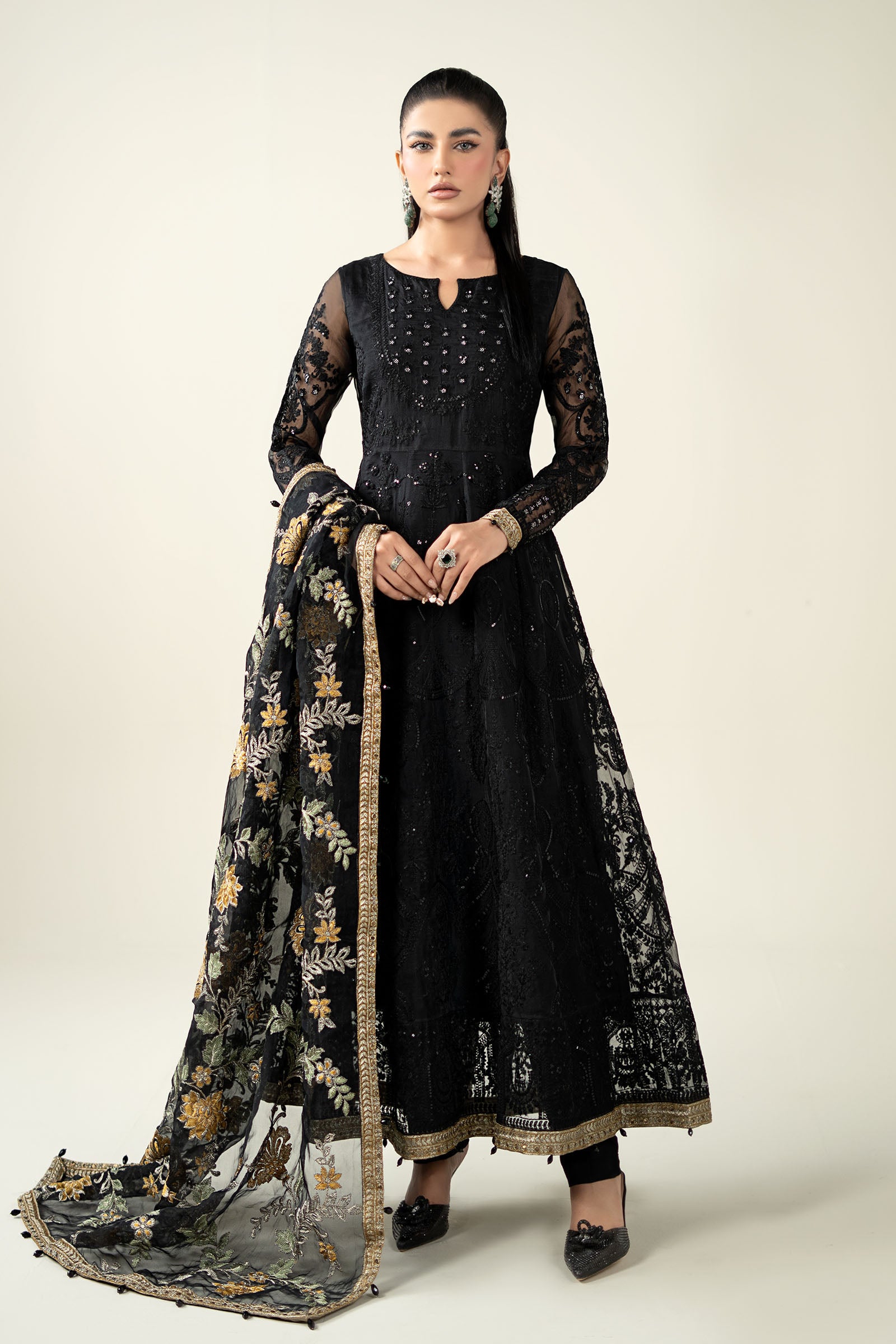 Pakistani Black Embroidered Organza Anarkali Dress (3-Piece) - Image 1