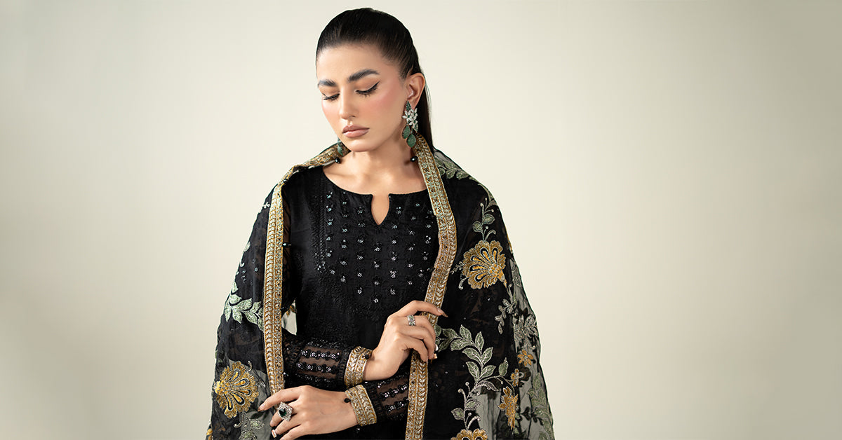 Pakistani Black Embroidered Organza Anarkali Dress (3-Piece) - Image 10