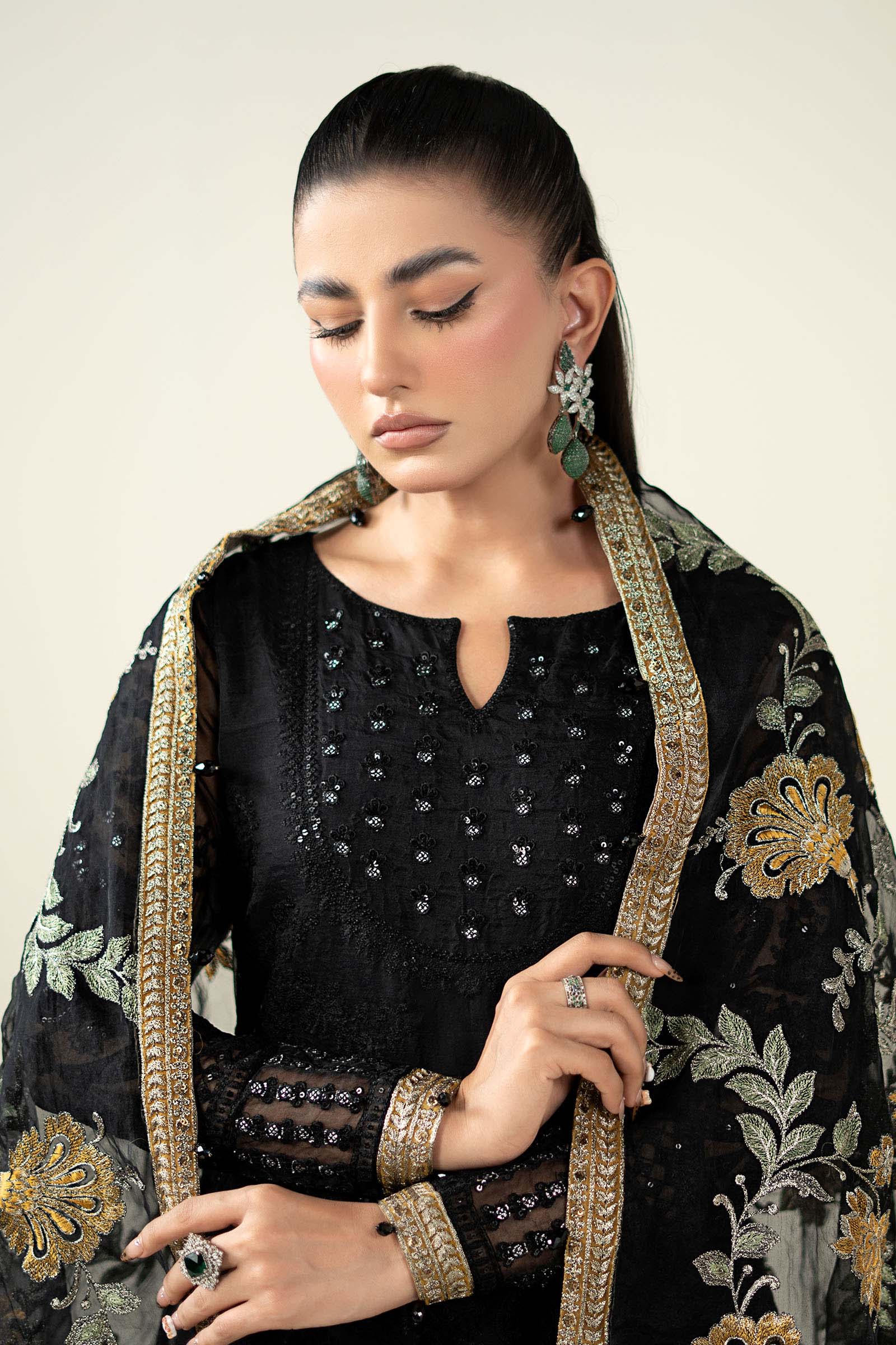 Pakistani Black Embroidered Organza Anarkali Dress (3-Piece) - Image 2