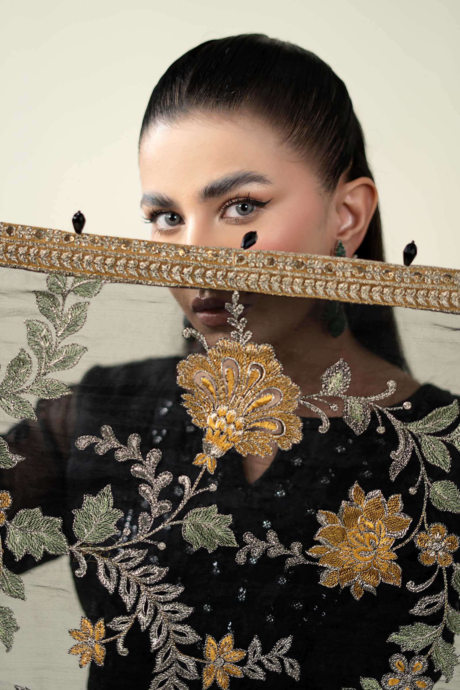 Pakistani Black Embroidered Organza Anarkali Dress (3-Piece) - Image 3