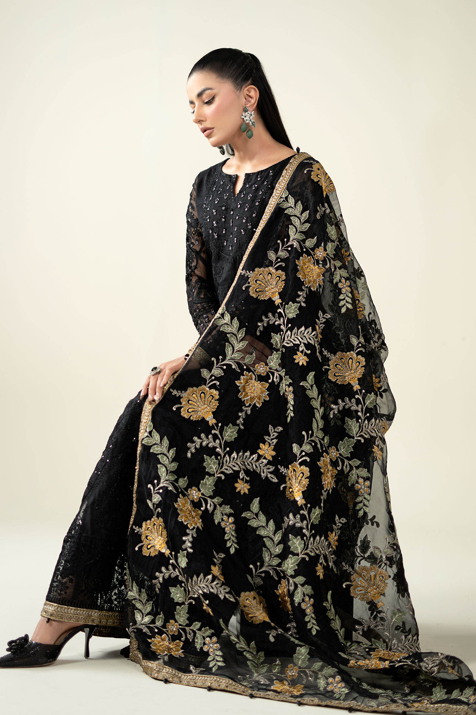 Pakistani Black Embroidered Organza Anarkali Dress (3-Piece) - Image 4