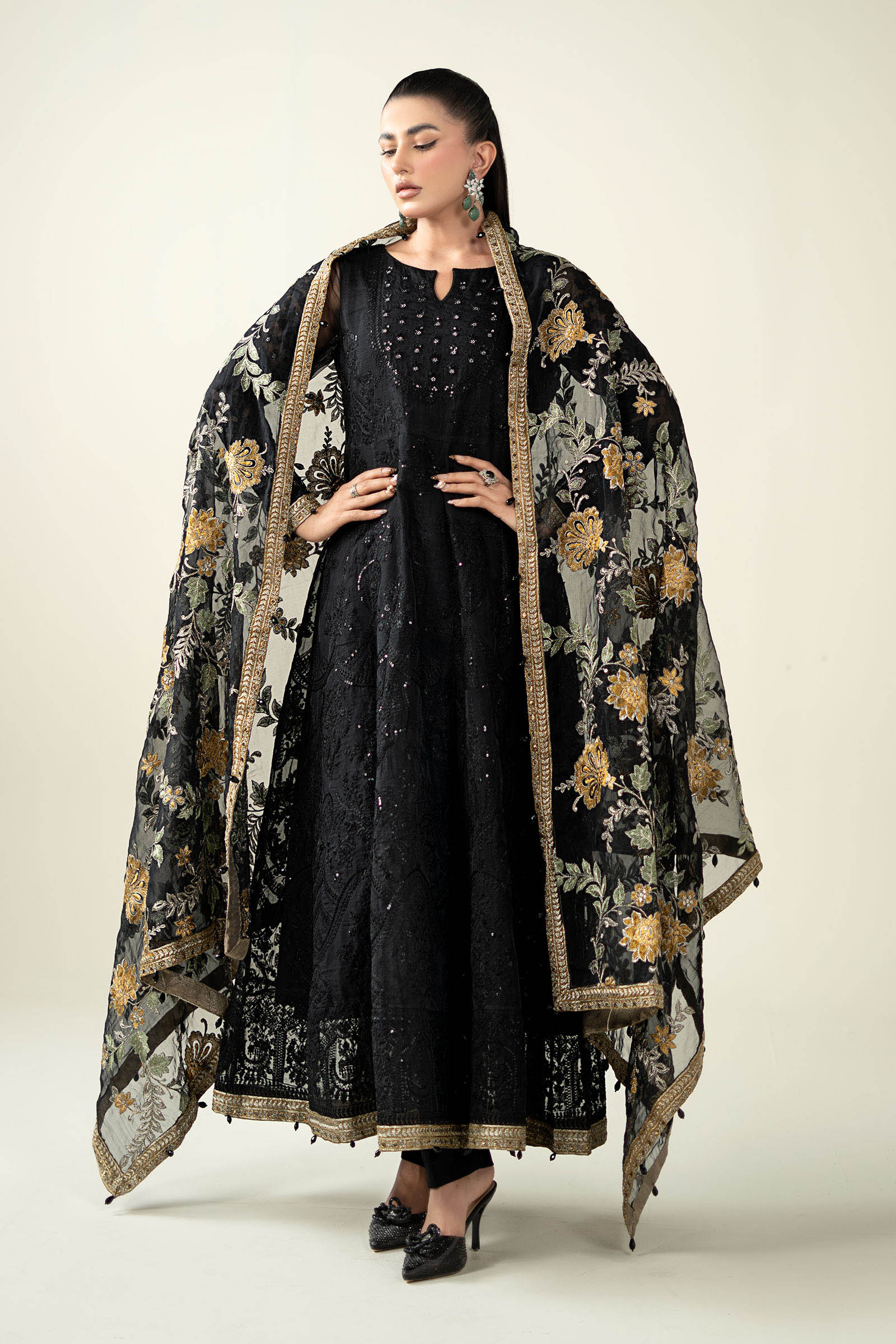 Pakistani Black Embroidered Organza Anarkali Dress (3-Piece) - Image 5