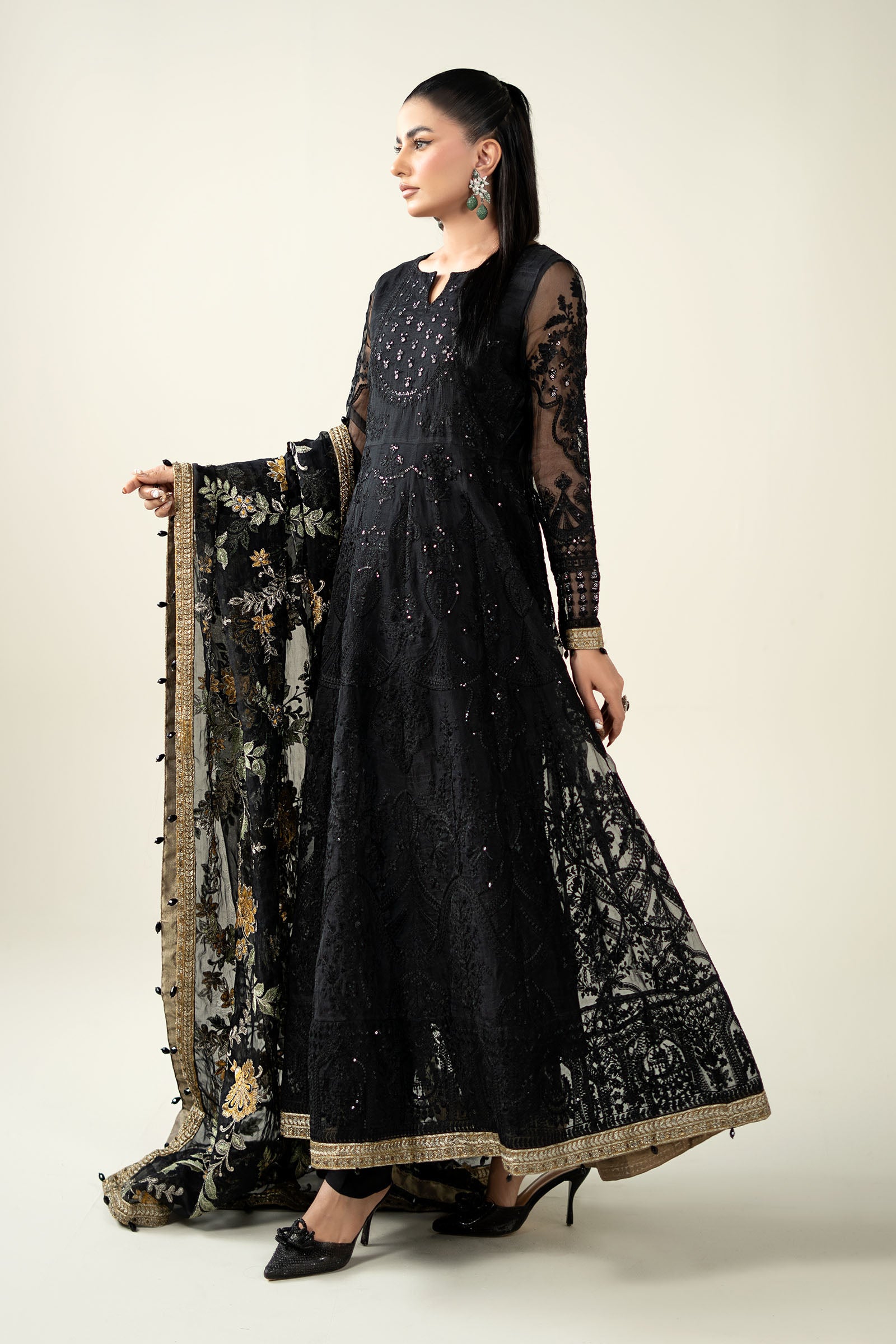 Pakistani Black Embroidered Organza Anarkali Dress (3-Piece) - Image 6