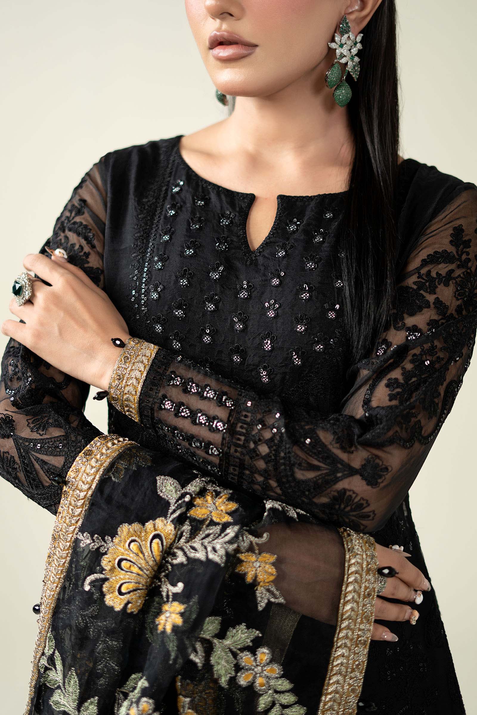 Pakistani Black Embroidered Organza Anarkali Dress (3-Piece) - Image 7