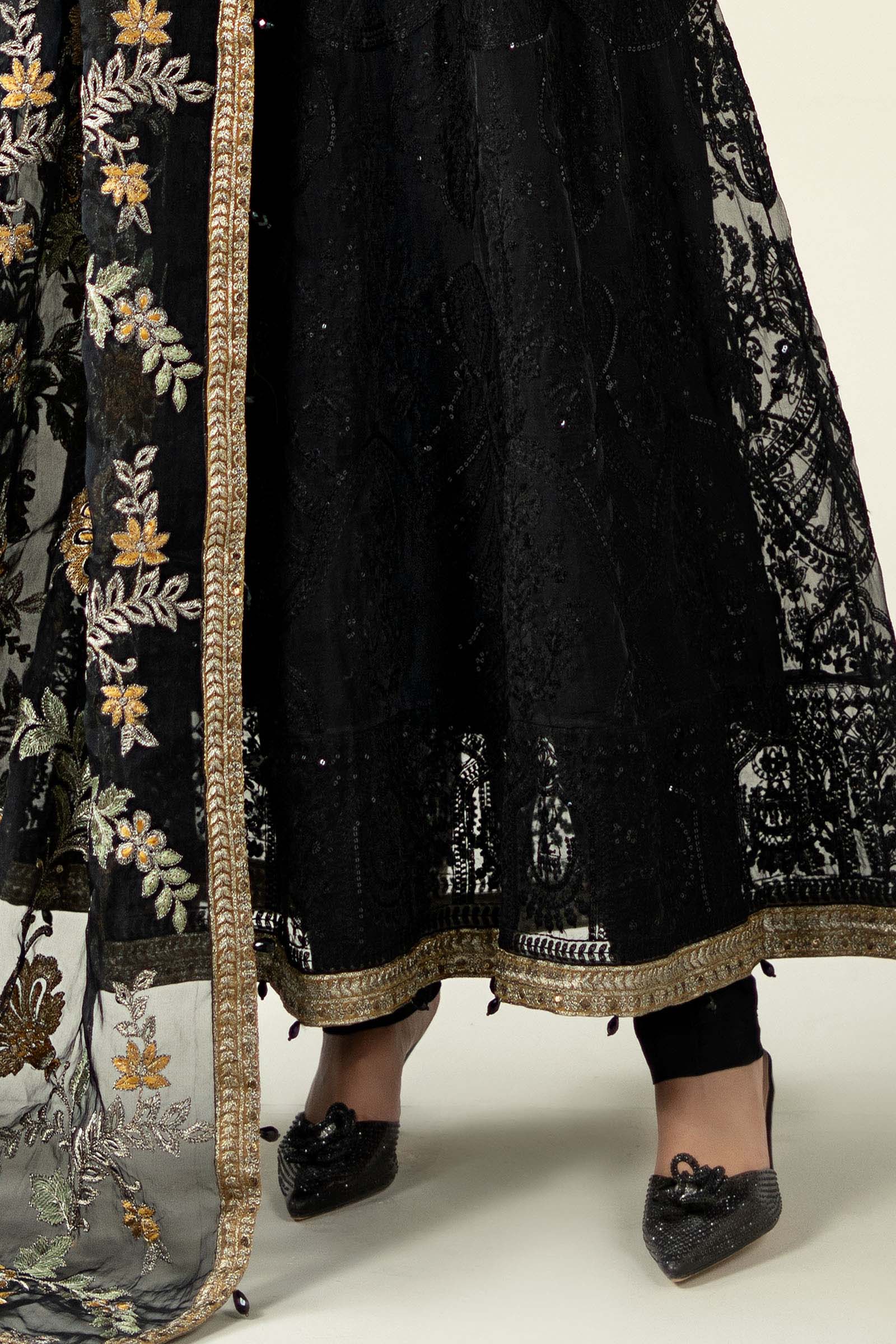 Pakistani Black Embroidered Organza Anarkali Dress (3-Piece) - Image 8