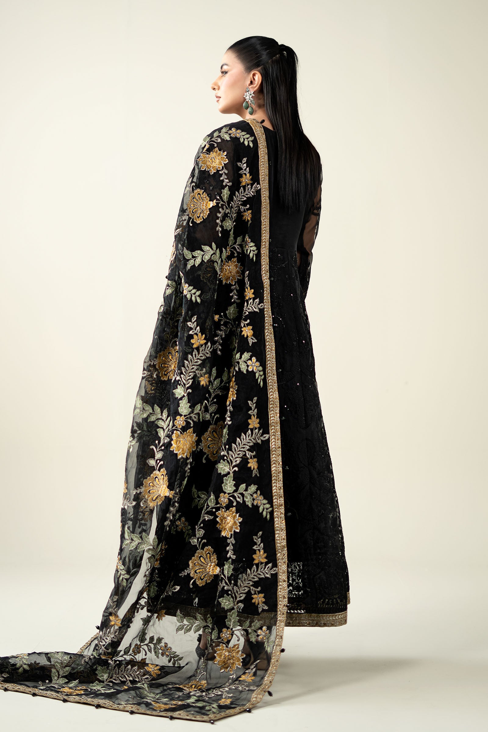 Pakistani Black Embroidered Organza Anarkali Dress (3-Piece) - Image 9