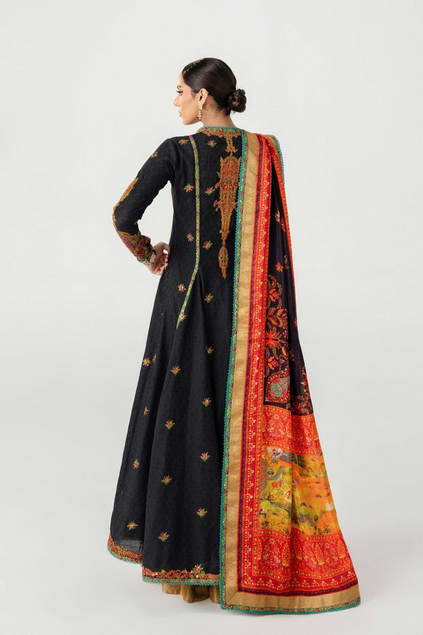 Black Embroidered Lawn Angrakha Dress (3-Piece) - Image 10