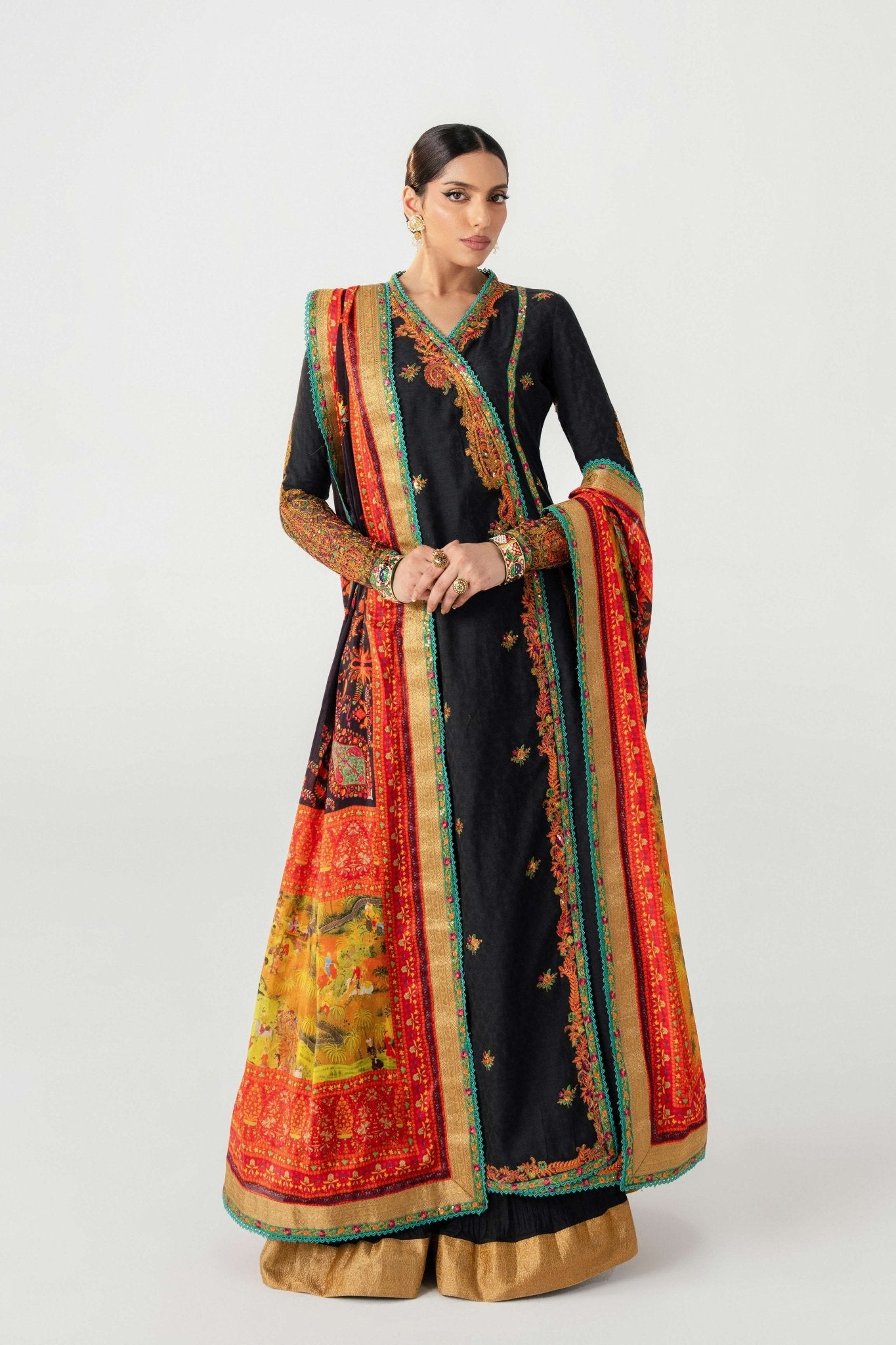 Black Embroidered Lawn Angrakha Dress (3-Piece) - Image 2