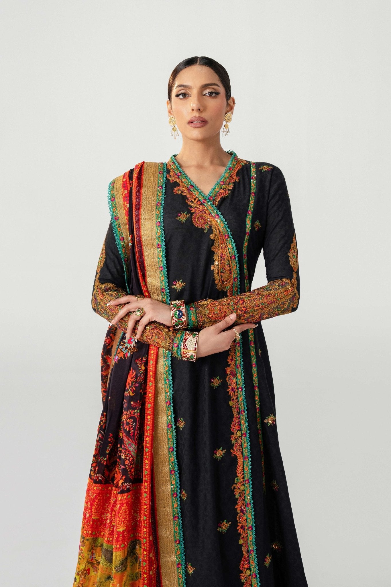 Black Embroidered Lawn Angrakha Dress (3-Piece) - Image 3