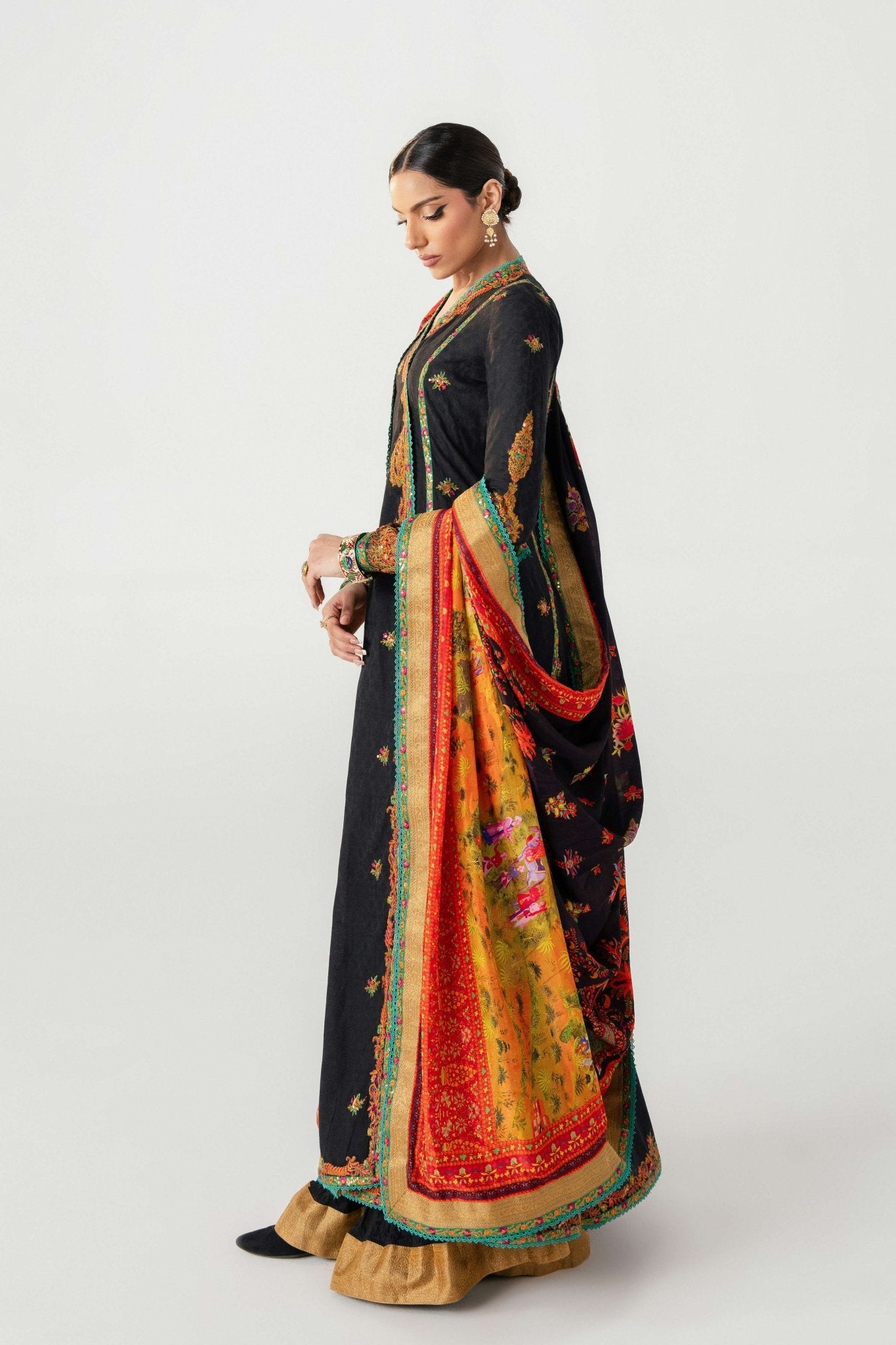 Black Embroidered Lawn Angrakha Dress (3-Piece) - Image 4
