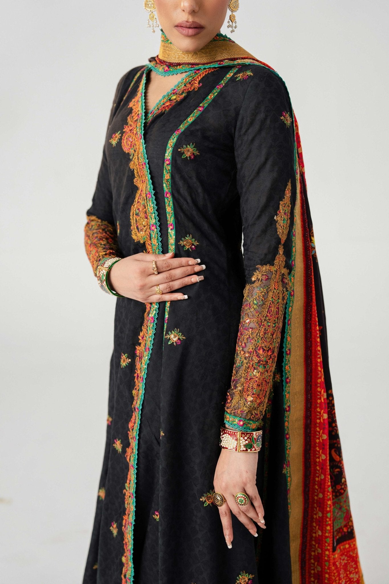 Black Embroidered Lawn Angrakha Dress (3-Piece) - Image 5