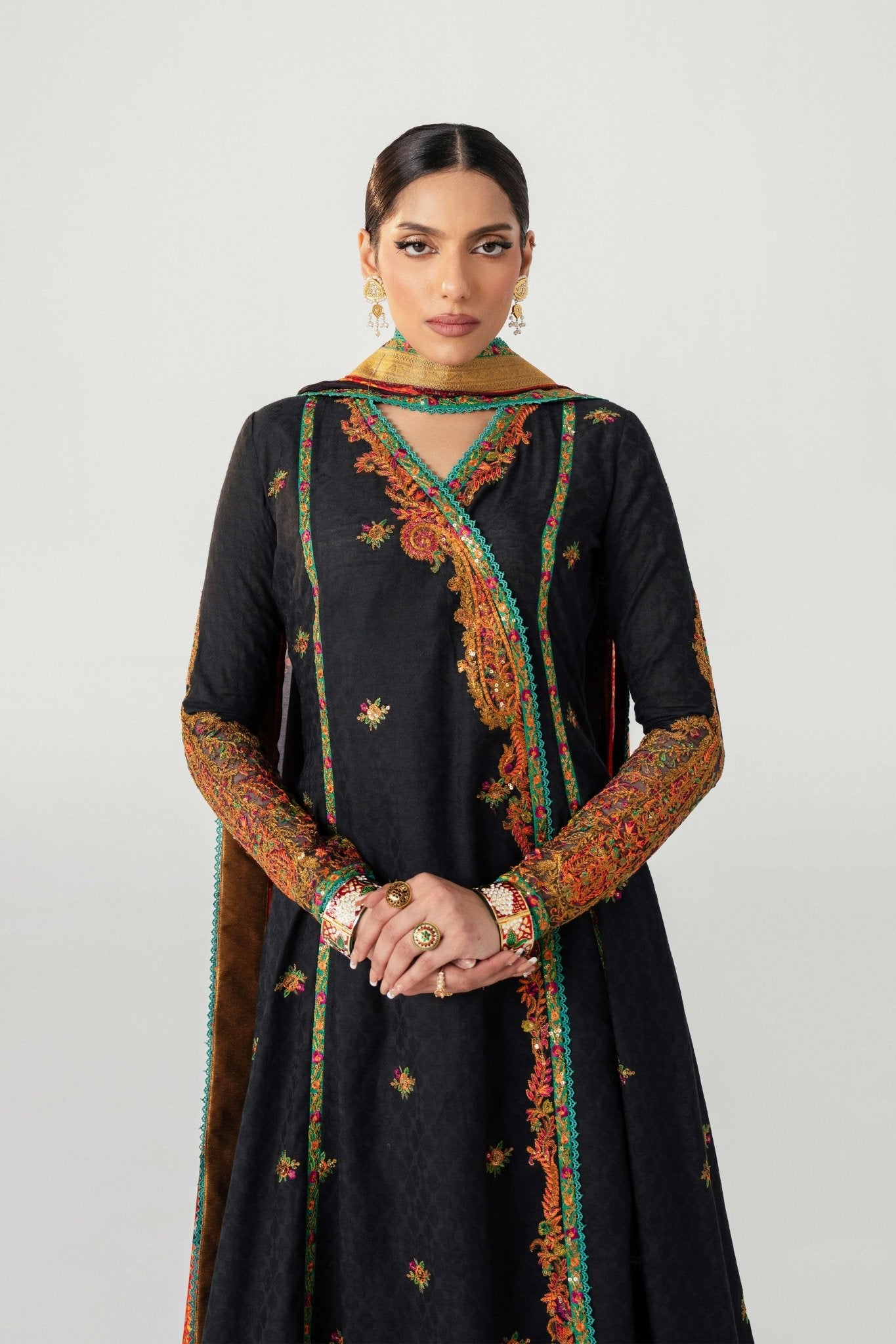 Black Embroidered Lawn Angrakha Dress (3-Piece) - Image 6