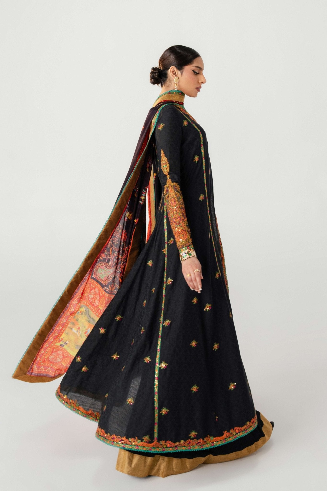 Black Embroidered Lawn Angrakha Dress (3-Piece) - Image 8