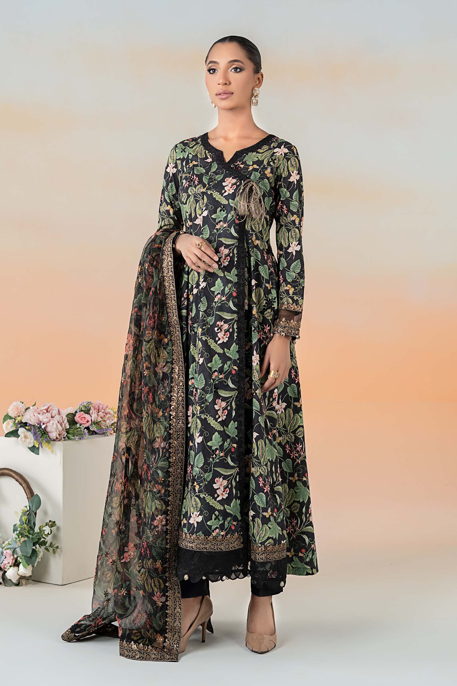 Pakistani Black Embroidered Lawn Angrakha (3-Piece) - Image 1
